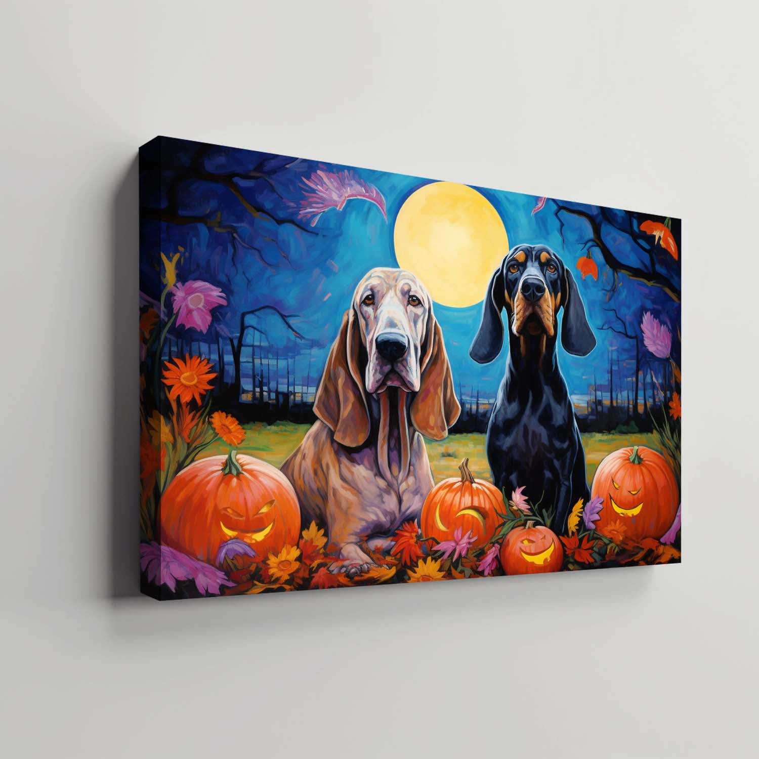 Bloodhound Dog Halloween With Pumpkin Oil Painting Van Goh Style, Wooden Canvas Prints Wall Art Painting , Canvas 3d Art