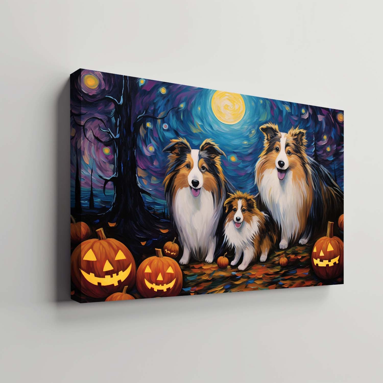 Shetland Sheepdogs Dog 01 Halloween With Pumpkin Oil Painting Van Goh Style, Wooden Canvas Prints Wall Art Painting , Canvas 3d Art