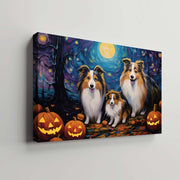 Shetland Sheepdogs Dog 01 Halloween With Pumpkin Oil Painting Van Goh Style, Wooden Canvas Prints Wall Art Painting , Canvas 3d Art