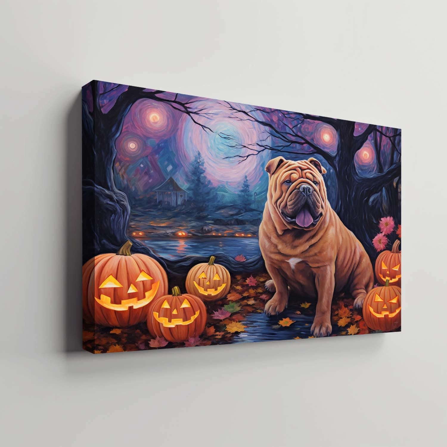 Chinese Shar-Pei Dog Halloween With Pumpkin Oil Painting Van Goh Style, Wooden Canvas Prints Wall Art Painting , Canvas 3d Art