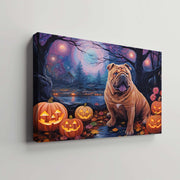 Chinese Shar-Pei Dog Halloween With Pumpkin Oil Painting Van Goh Style, Wooden Canvas Prints Wall Art Painting , Canvas 3d Art