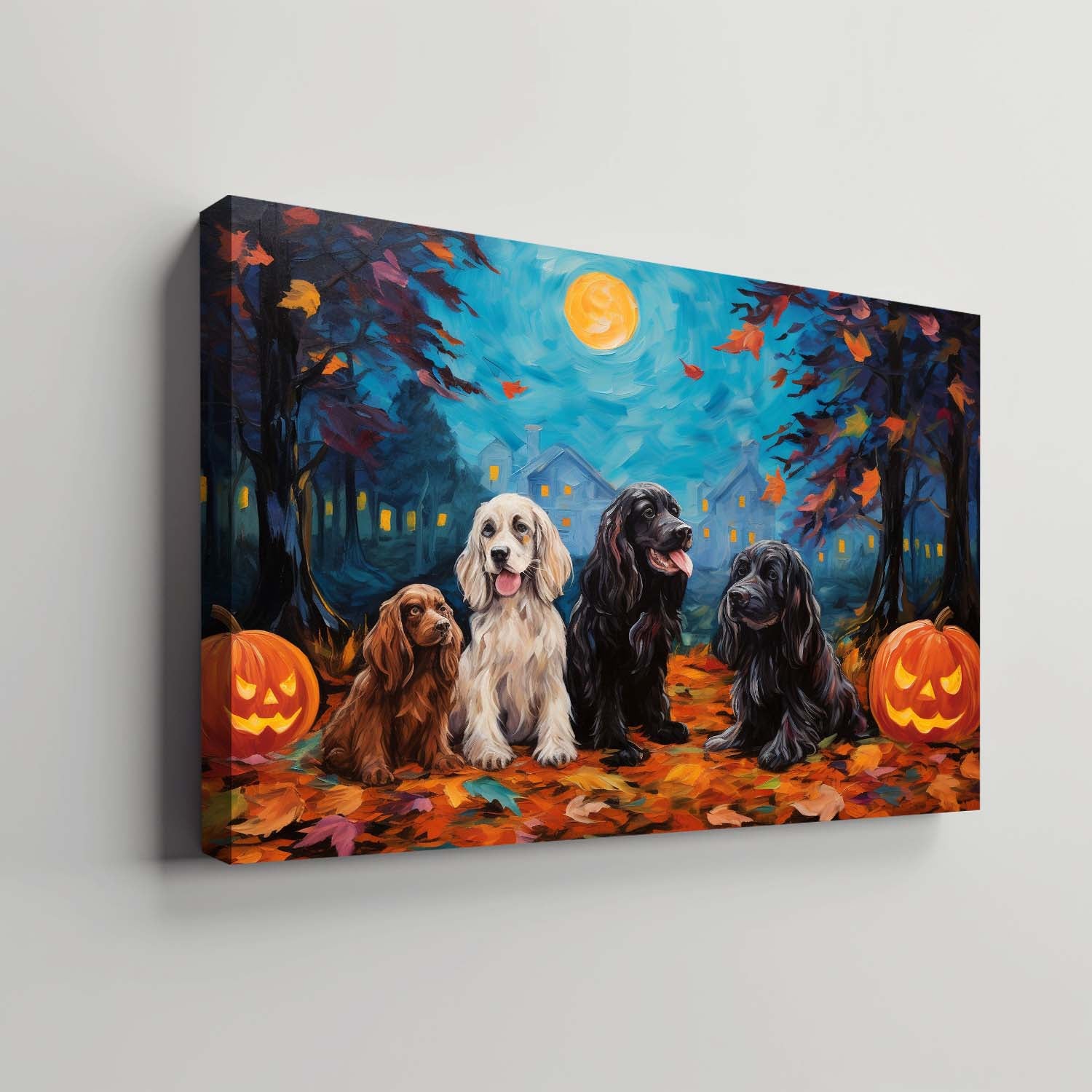 English Cocker Spaniels Dog Halloween With Pumpkin Oil Painting Van Goh Style, Wooden Canvas Prints Wall Art Painting , Canvas 3d Art