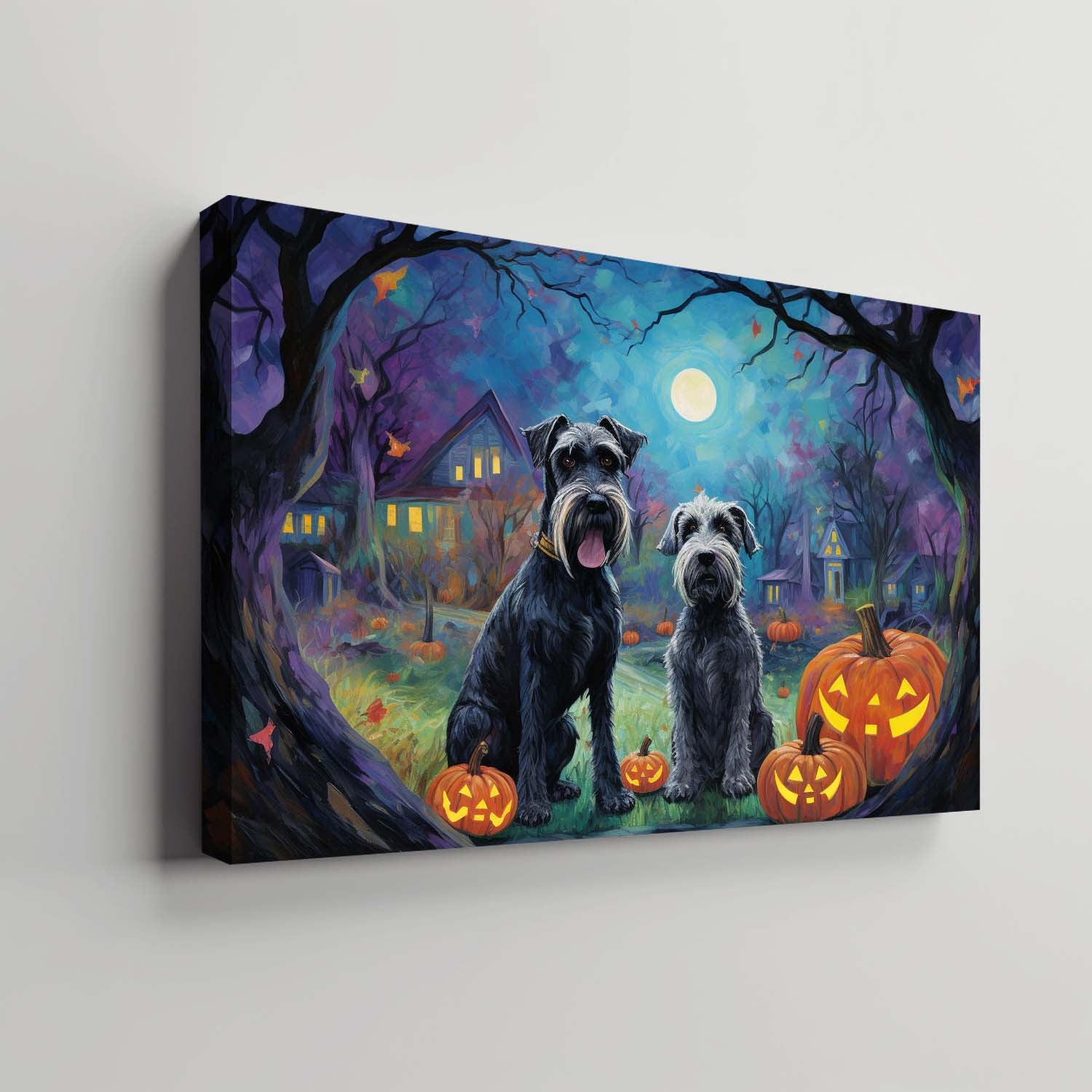 Schnauzers Dog Halloween With Pumpkin Oil Painting Van Goh Style, Wooden Canvas Prints Wall Art Painting , Canvas 3d Art