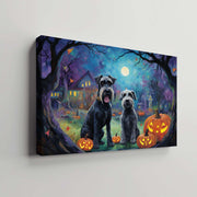 Schnauzers Dog Halloween With Pumpkin Oil Painting Van Goh Style, Wooden Canvas Prints Wall Art Painting , Canvas 3d Art