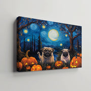Pug Dog Halloween With Pumpkin Oil Painting Van Goh Style, Wooden Canvas Prints Wall Art Painting , Canvas 3d Art