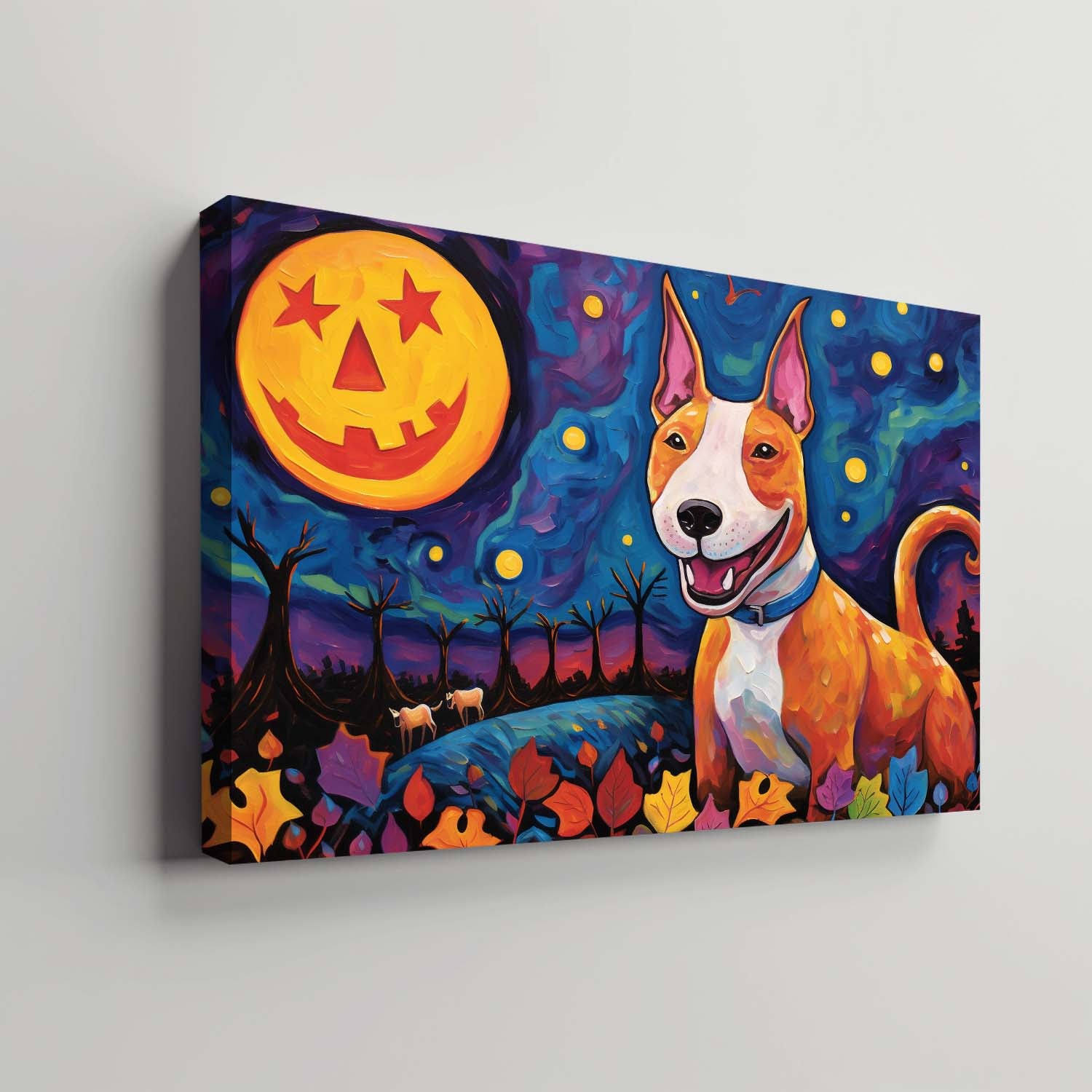 Bull Terriers Dog Halloween With Pumpkin Oil Painting Van Goh Style, Wooden Canvas Prints Wall Art Painting , Canvas 3d Art