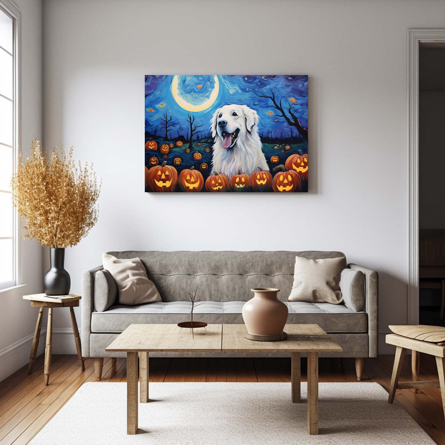 Great Pyrenees Dog 02 Halloween With Pumpkin Oil Painting Van Goh Style, Wooden Canvas Prints Wall Art Painting , Canvas 3d Art