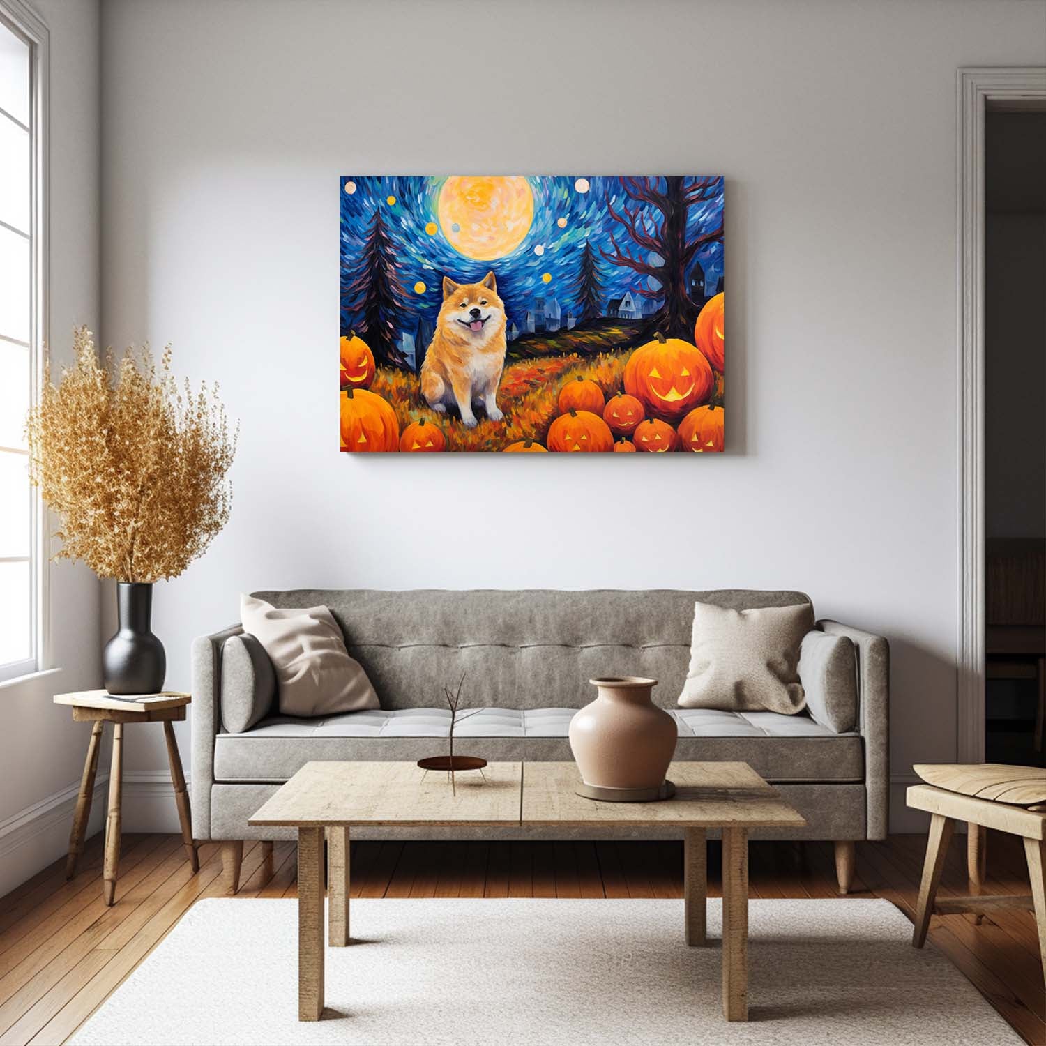 Akita Dog 02 Halloween With Pumpkin Oil Painting Van Goh Style, Wooden Canvas Prints Wall Art Painting , Canvas 3d Art