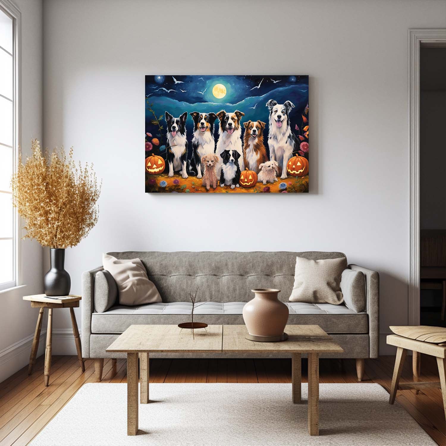 Miniature American Shepherds Dog 02 Halloween With Pumpkin Oil Painting Van Goh Style, Wooden Canvas Prints Wall Art Painting , Canvas 3d Art