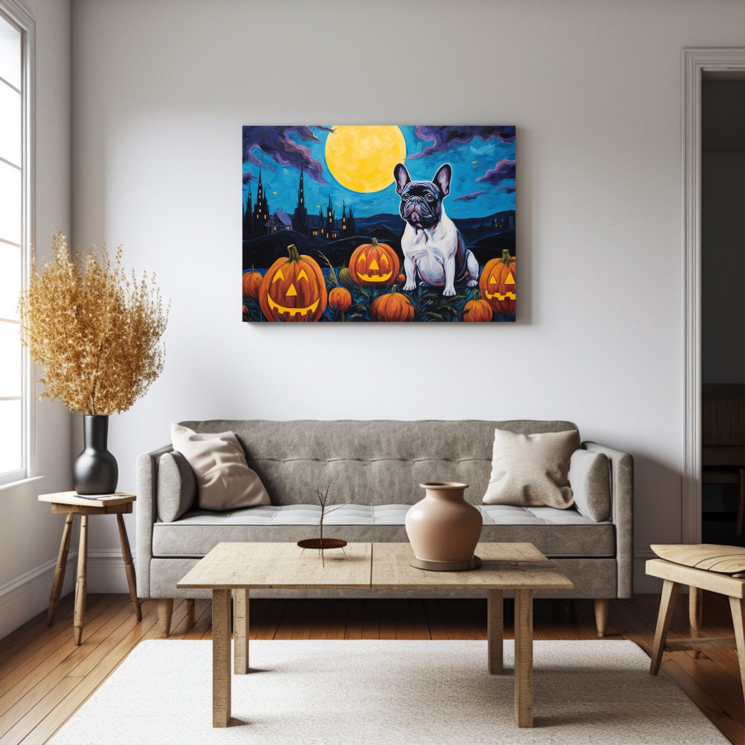 French Bulldog 01 Halloween With Pumpkin Oil Painting Van Goh Style, Wooden Canvas Prints Wall Art Painting , Canvas 3d Art