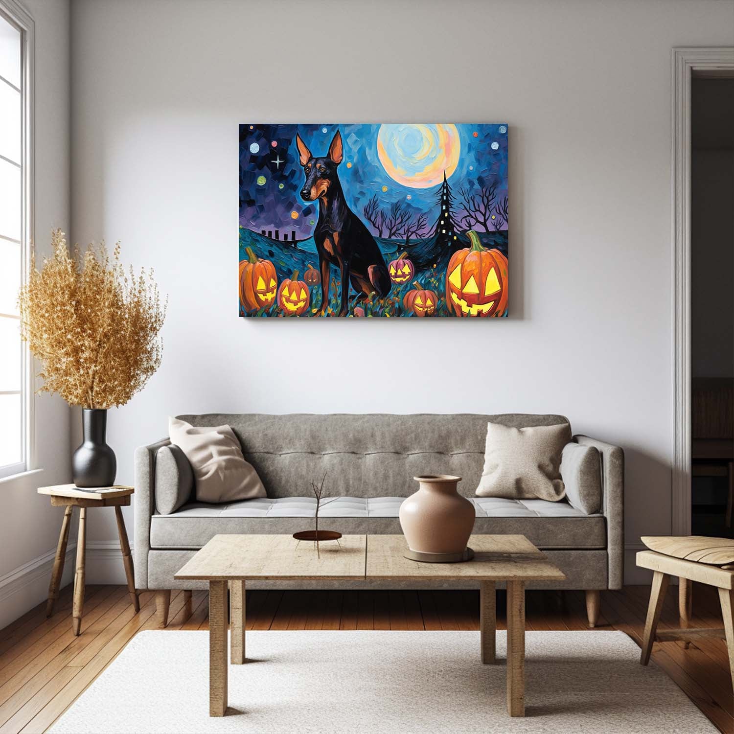Doberman Pinschers Dog 02 Halloween With Pumpkin Oil Painting Van Goh Style, Wooden Canvas Prints Wall Art Painting , Canvas 3d Art
