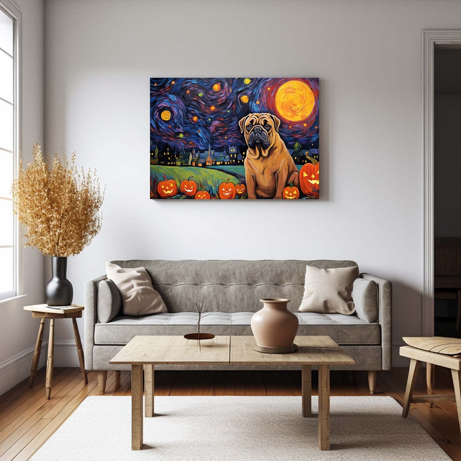 Mastiffs Dog Halloween With Pumpkin Oil Painting Van Goh Style, Wooden Canvas Prints Wall Art Painting , Canvas 3d Art
