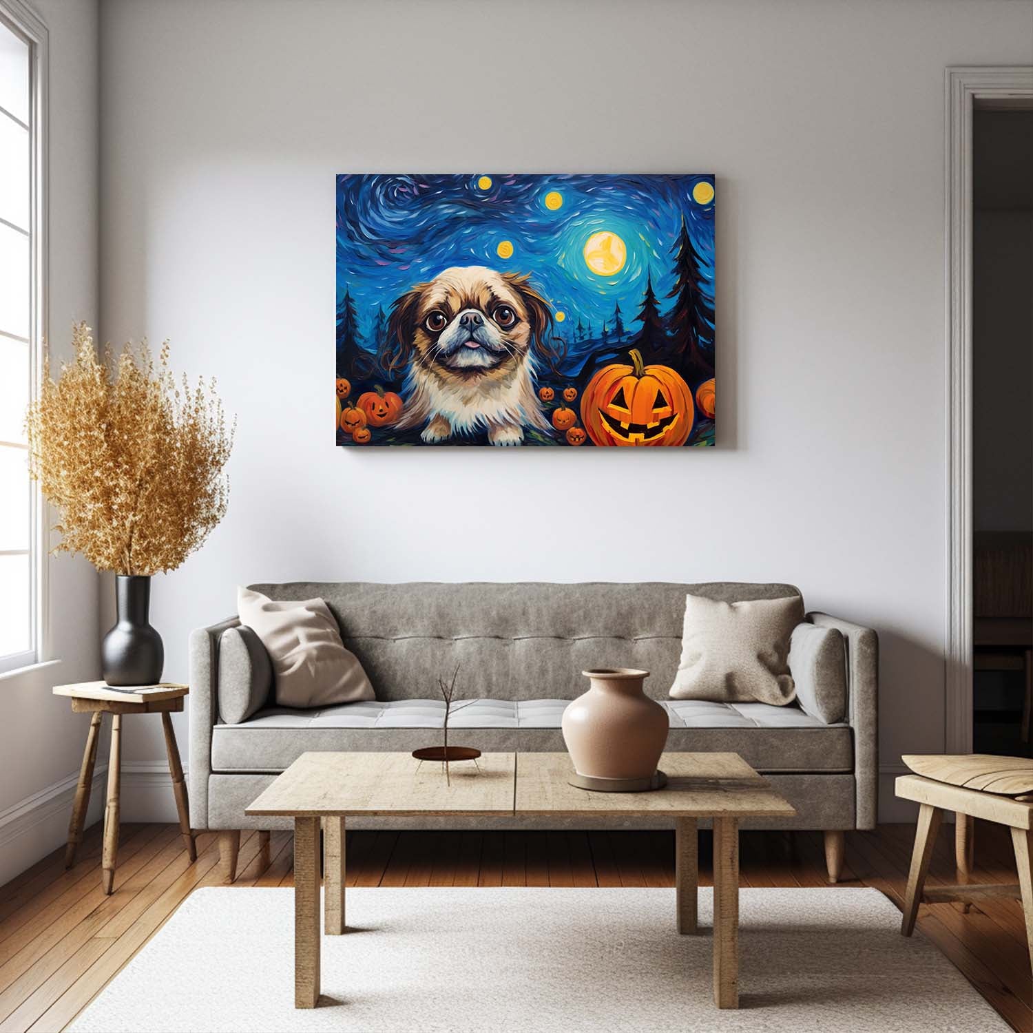 Pekingese Dog 01 Halloween With Pumpkin Oil Painting Van Goh Style, Wooden Canvas Prints Wall Art Painting , Canvas 3d Art