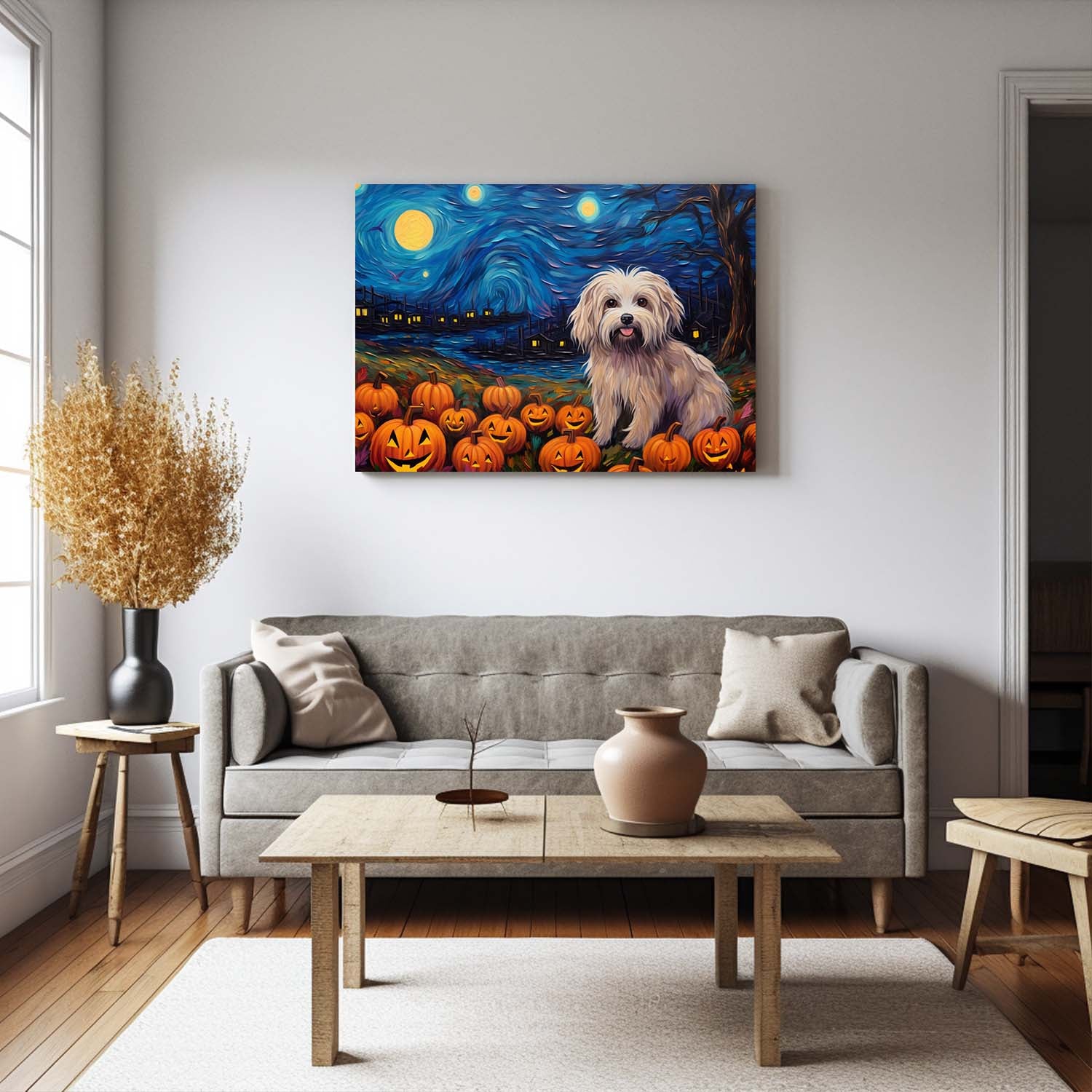 Havanese  Dog 03 Halloween With Pumpkin Oil Painting Van Goh Style, Wooden Canvas Prints Wall Art Painting , Canvas 3d Art
