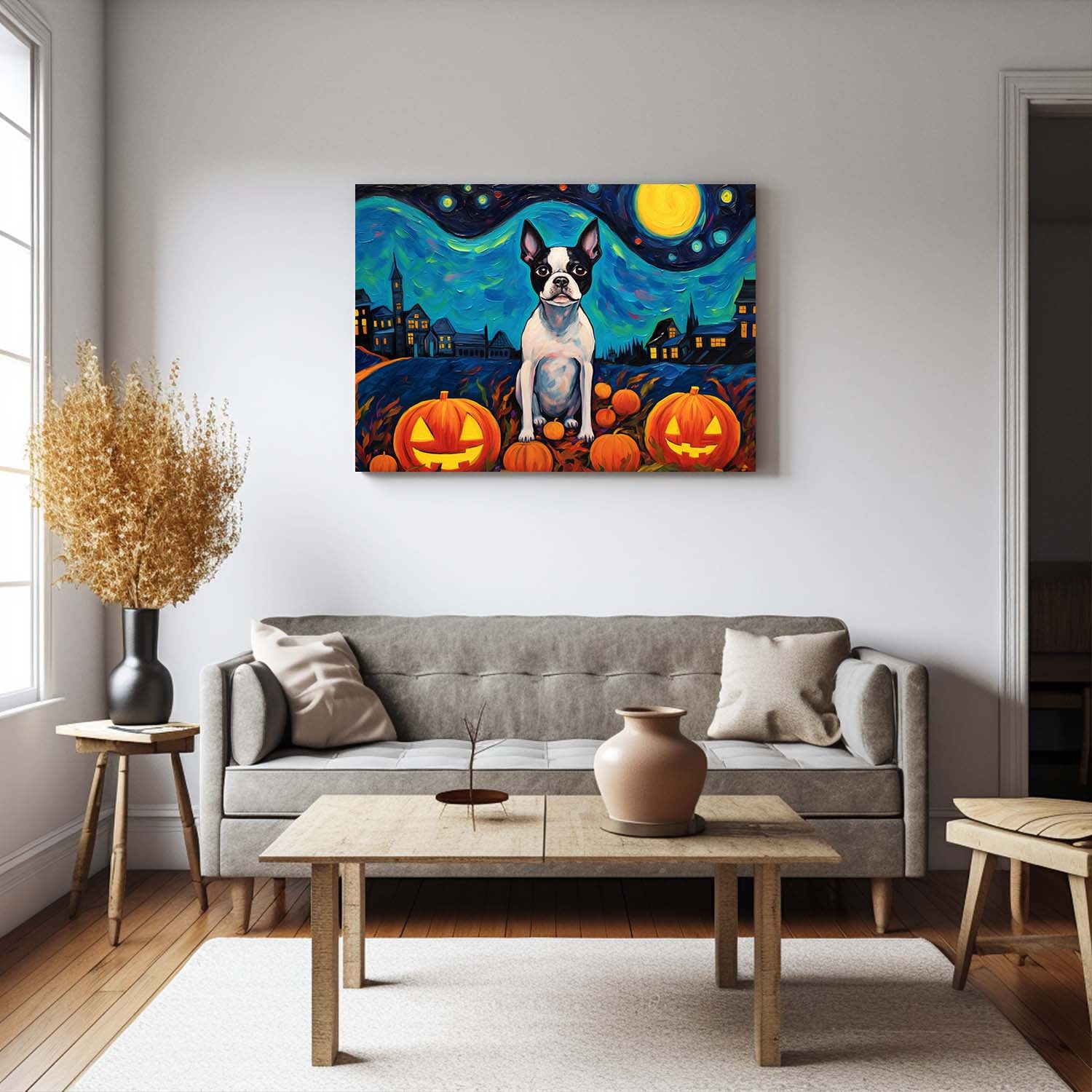 Boston Terriers Dog 02 Halloween With Pumpkin Oil Painting Van Goh Style, Wooden Canvas Prints Wall Art Painting , Canvas 3d Art