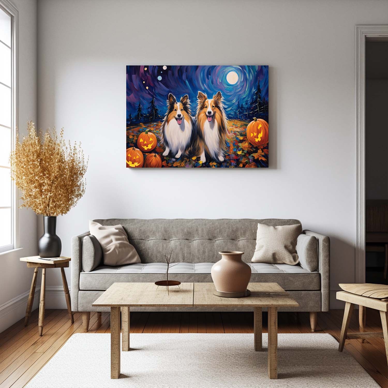 Shetland Sheepdogs Dog 02 Halloween With Pumpkin Oil Painting Van Goh Style, Wooden Canvas Prints Wall Art Painting , Canvas 3d Art