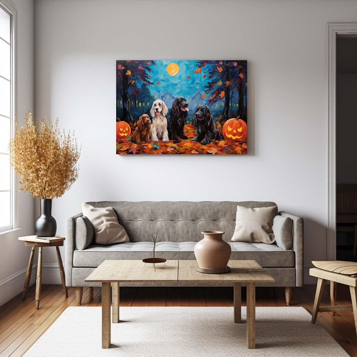 English Cocker Spaniels Dog Halloween With Pumpkin Oil Painting Van Goh Style, Wooden Canvas Prints Wall Art Painting , Canvas 3d Art