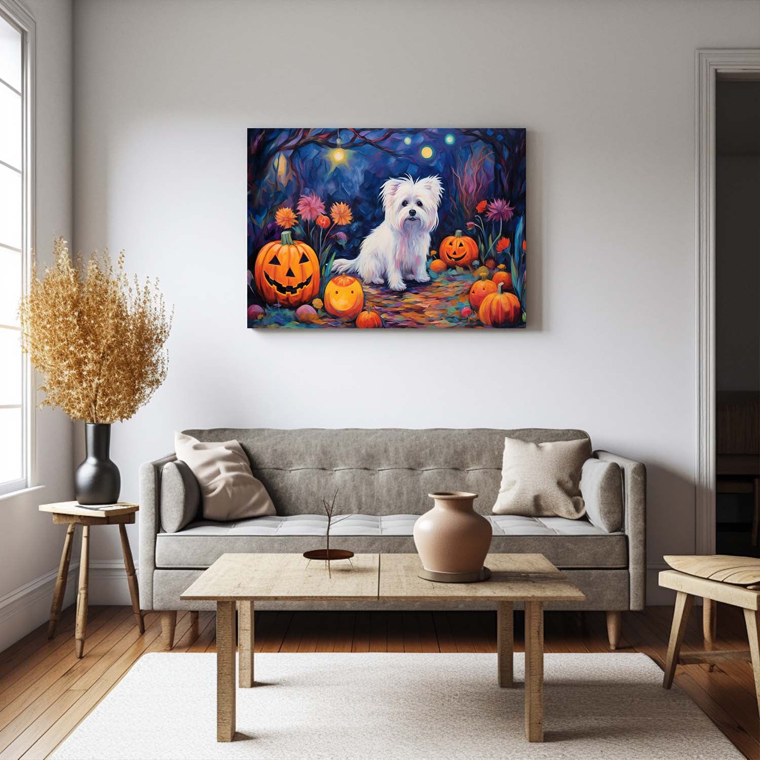 Maltese Dog 01 Halloween With Pumpkin Oil Painting Van Goh Style, Wooden Canvas Prints Wall Art Painting , Canvas 3d Art
