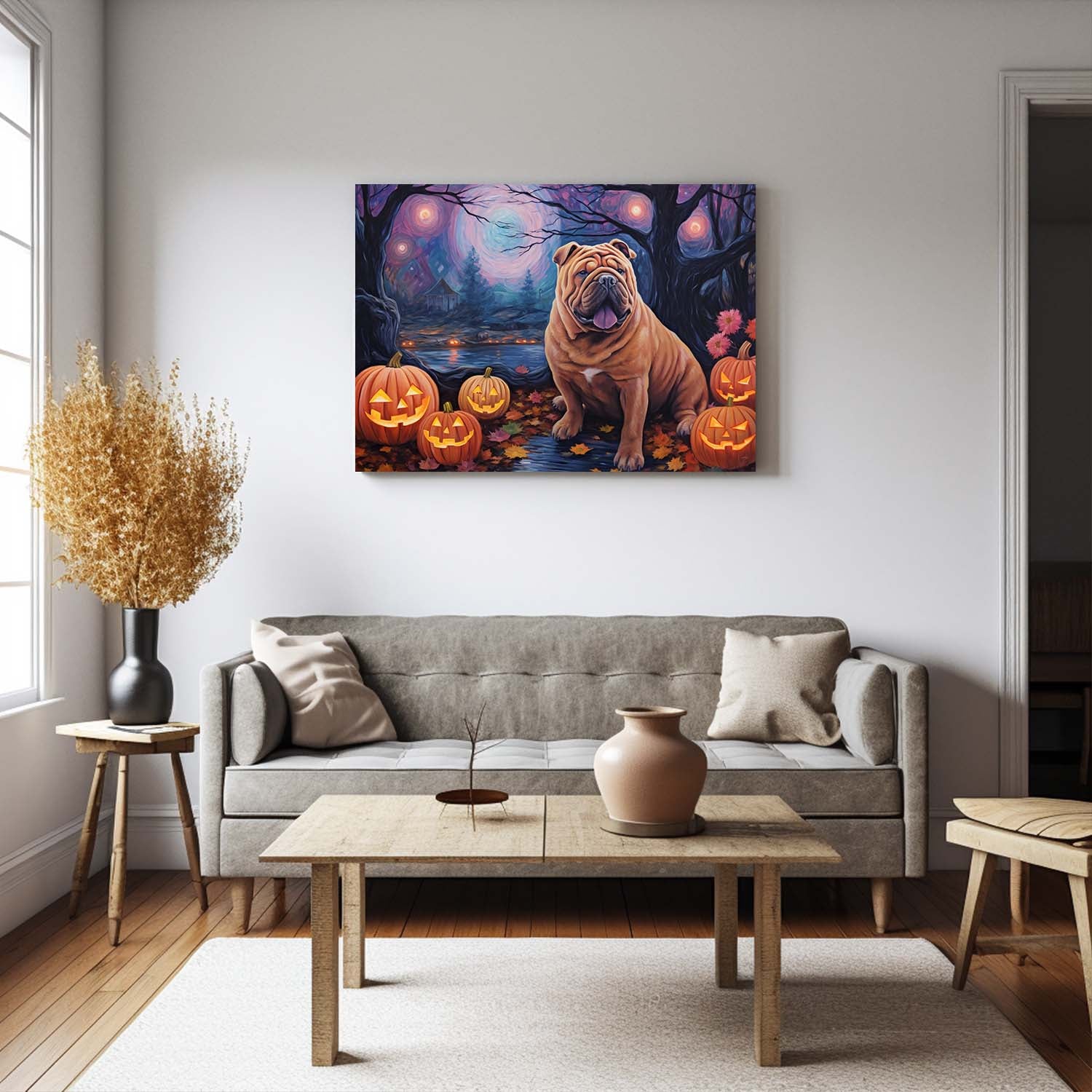 Chinese Shar-Pei Dog Halloween With Pumpkin Oil Painting Van Goh Style, Wooden Canvas Prints Wall Art Painting , Canvas 3d Art
