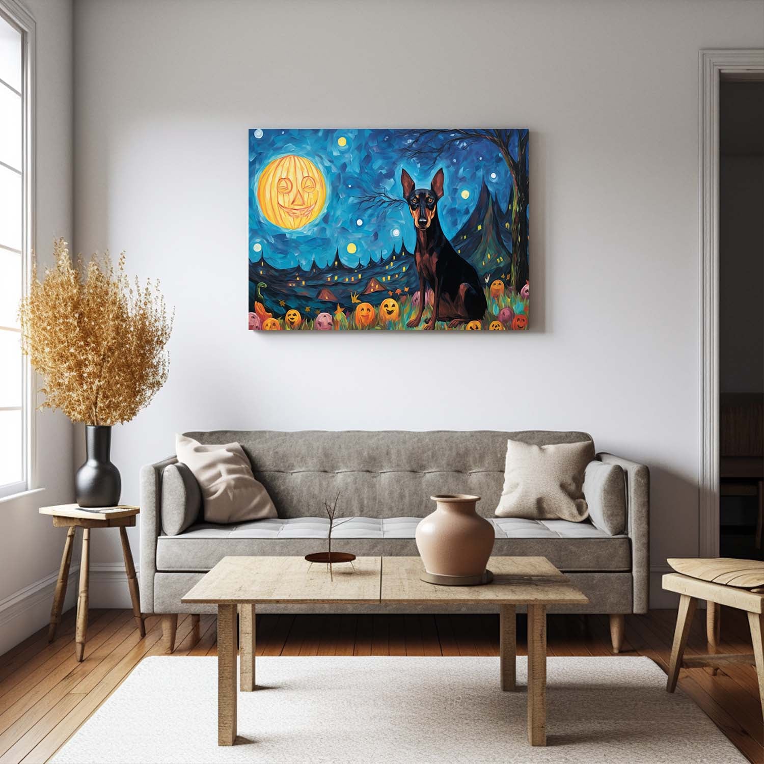 Doberman Pinschers Dog 03 Halloween With Pumpkin Oil Painting Van Goh Style, Wooden Canvas Prints Wall Art Painting , Canvas 3d Art