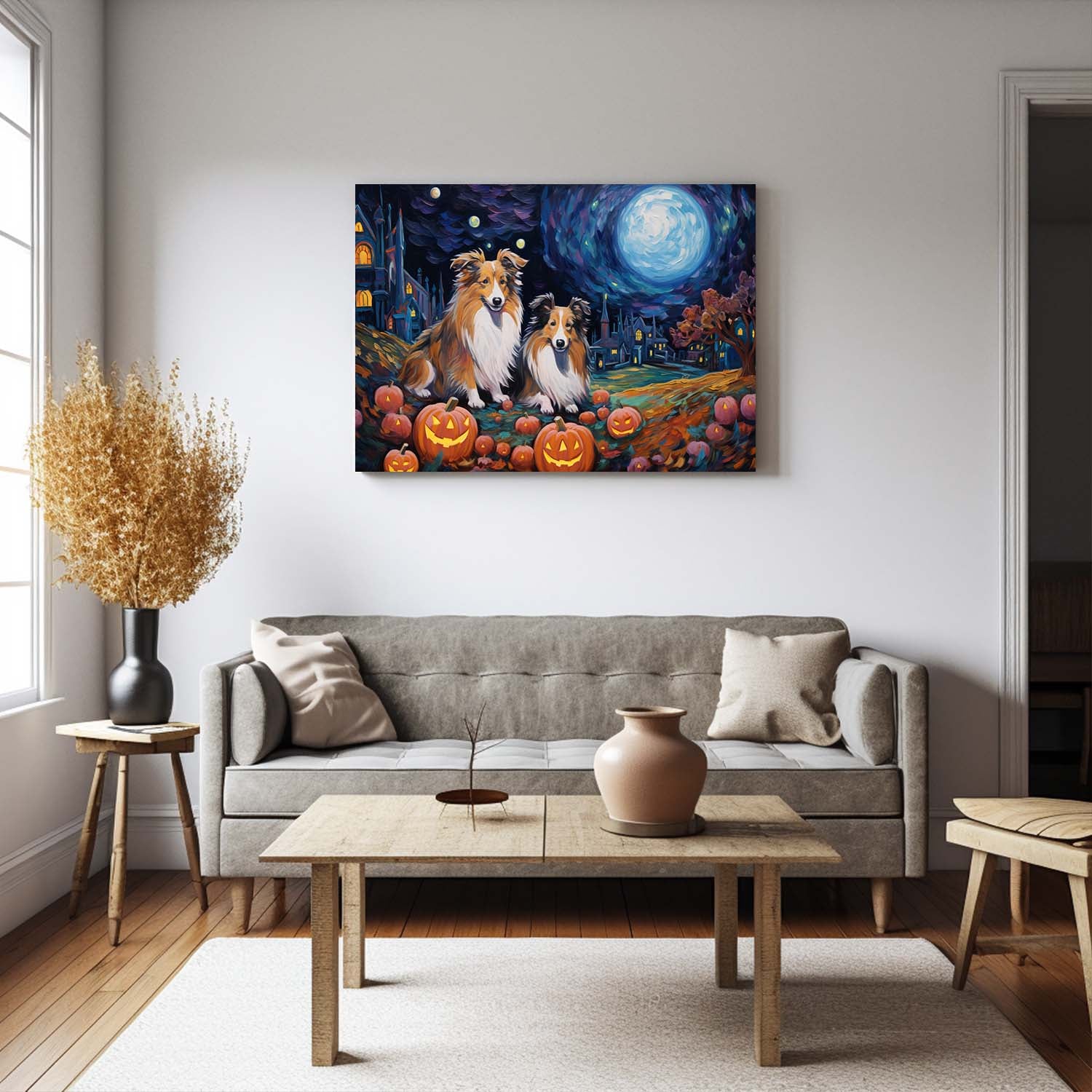 Shetland Sheepdogs Dog 03 Halloween With Pumpkin Oil Painting Van Goh Style, Wooden Canvas Prints Wall Art Painting , Canvas 3d Art