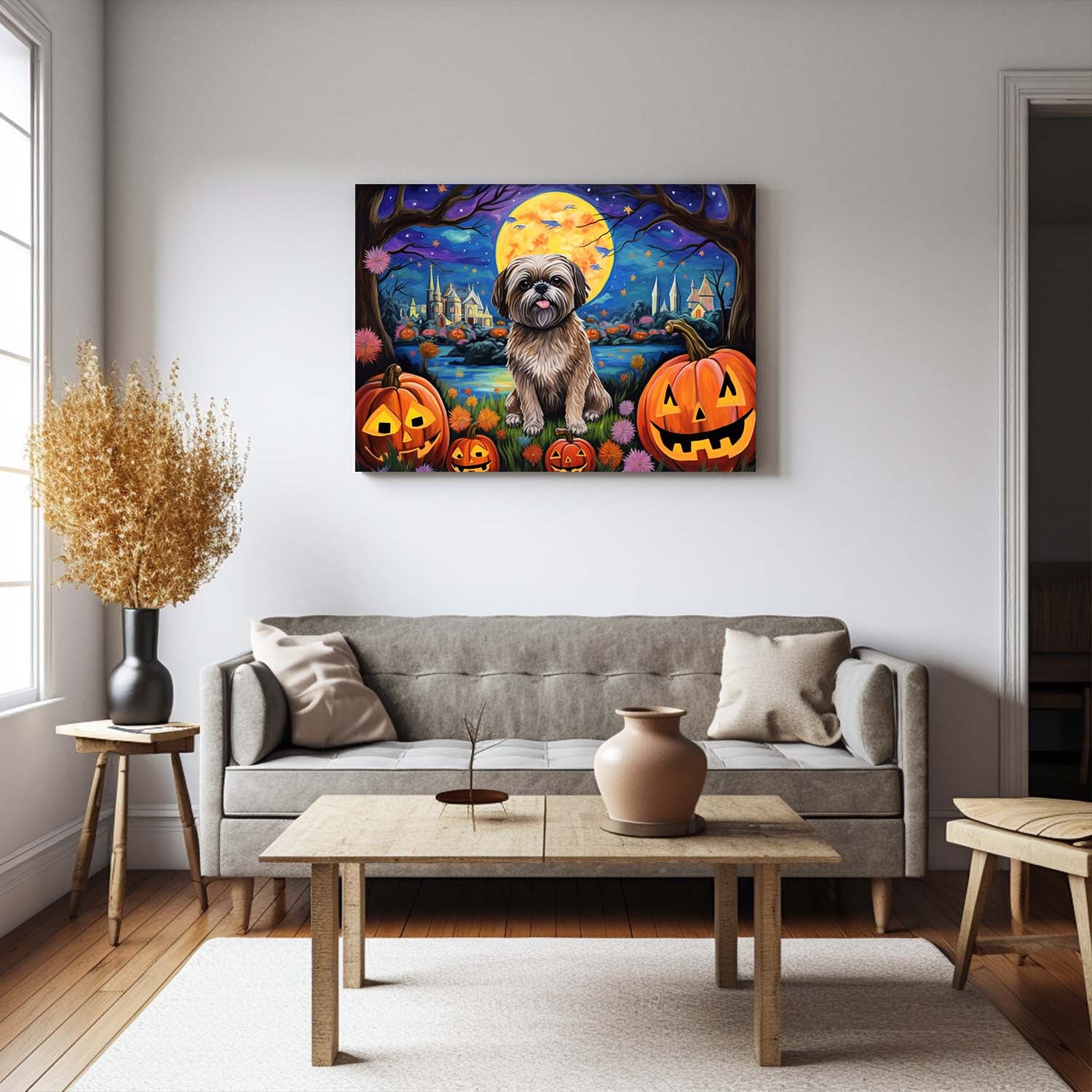 Lhasa Apsos Dog 01 Halloween With Pumpkin Oil Painting Van Goh Style, Wooden Canvas Prints Wall Art Painting , Canvas 3d Art