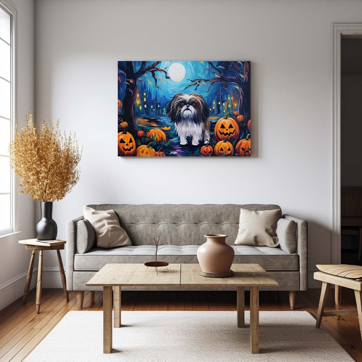 Shih Tzu Dog 02 Halloween With Pumpkin Oil Painting Van Goh Style, Wooden Canvas Prints Wall Art Painting , Canvas 3d Art