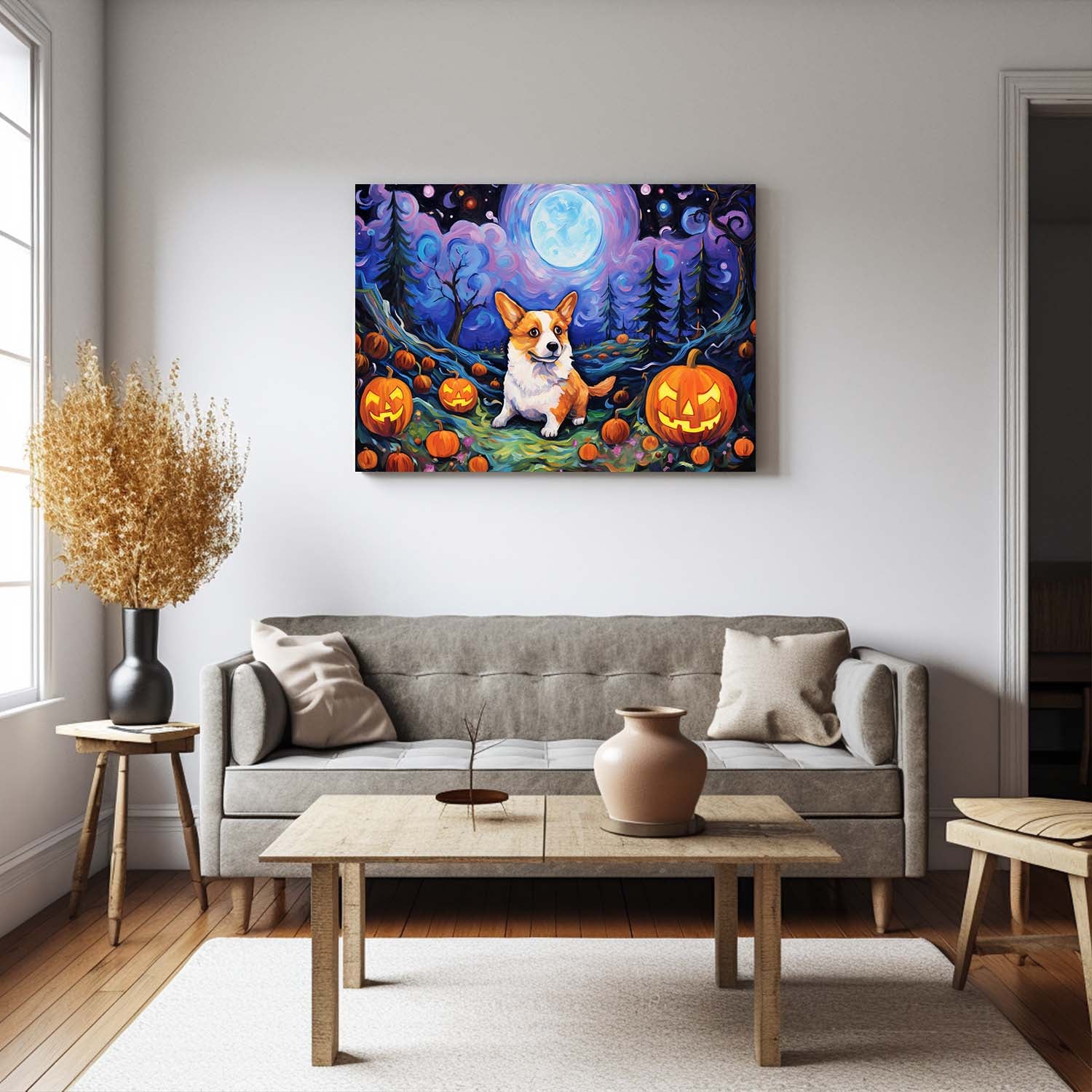 Cardigan Welsh Corgis Dog 02 Halloween With Pumpkin Oil Painting Van Goh Style, Wooden Canvas Prints Wall Art Painting , Canvas 3d Art