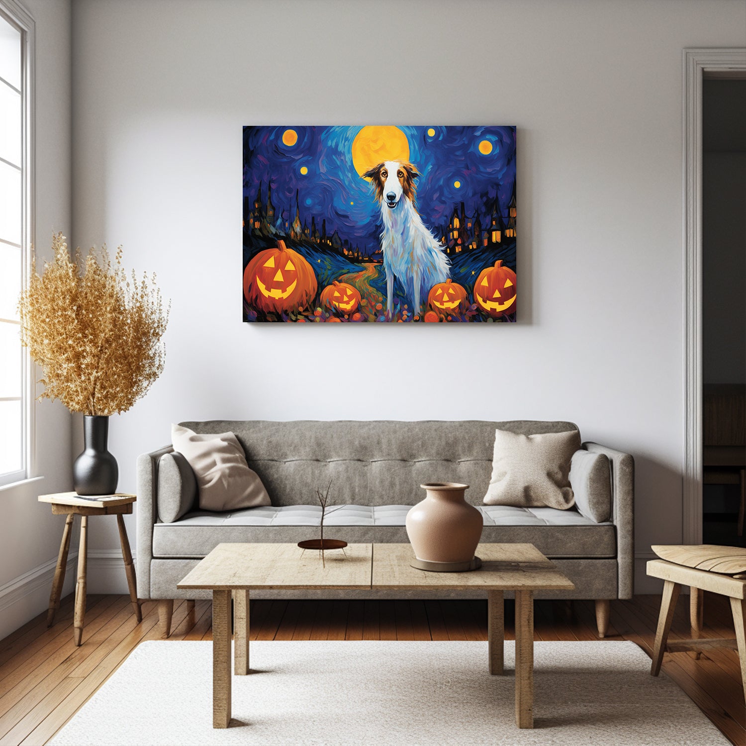 Borzois Dog Halloween With Pumpkin Oil Painting Van Goh Style, Wooden Canvas Prints Wall Art Painting , Canvas 3d Art