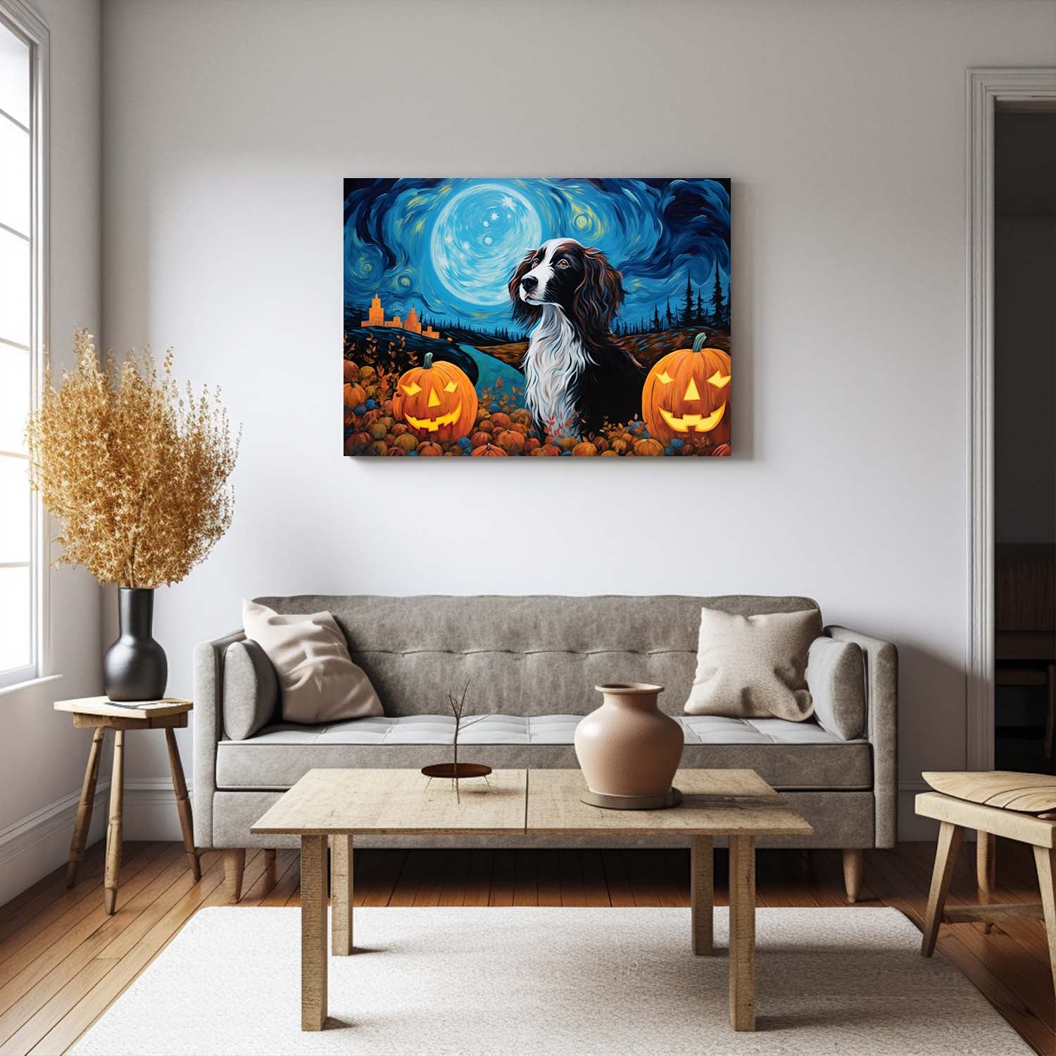 Irish Setters Dog 02 Halloween With Pumpkin Oil Painting Van Goh Style, Wooden Canvas Prints Wall Art Painting , Canvas 3d Art