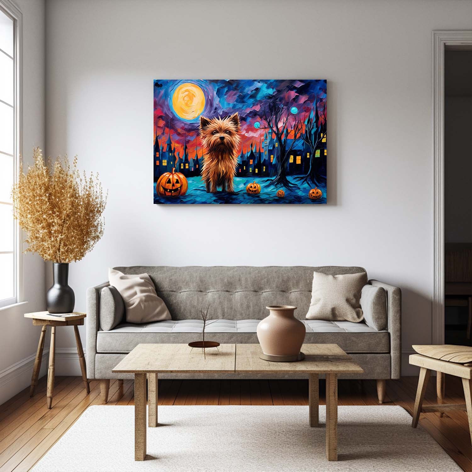 Yorkshire Terriers Dog 04 Halloween With Pumpkin Oil Painting Van Goh Style, Wooden Canvas Prints Wall Art Painting , Canvas 3d Art