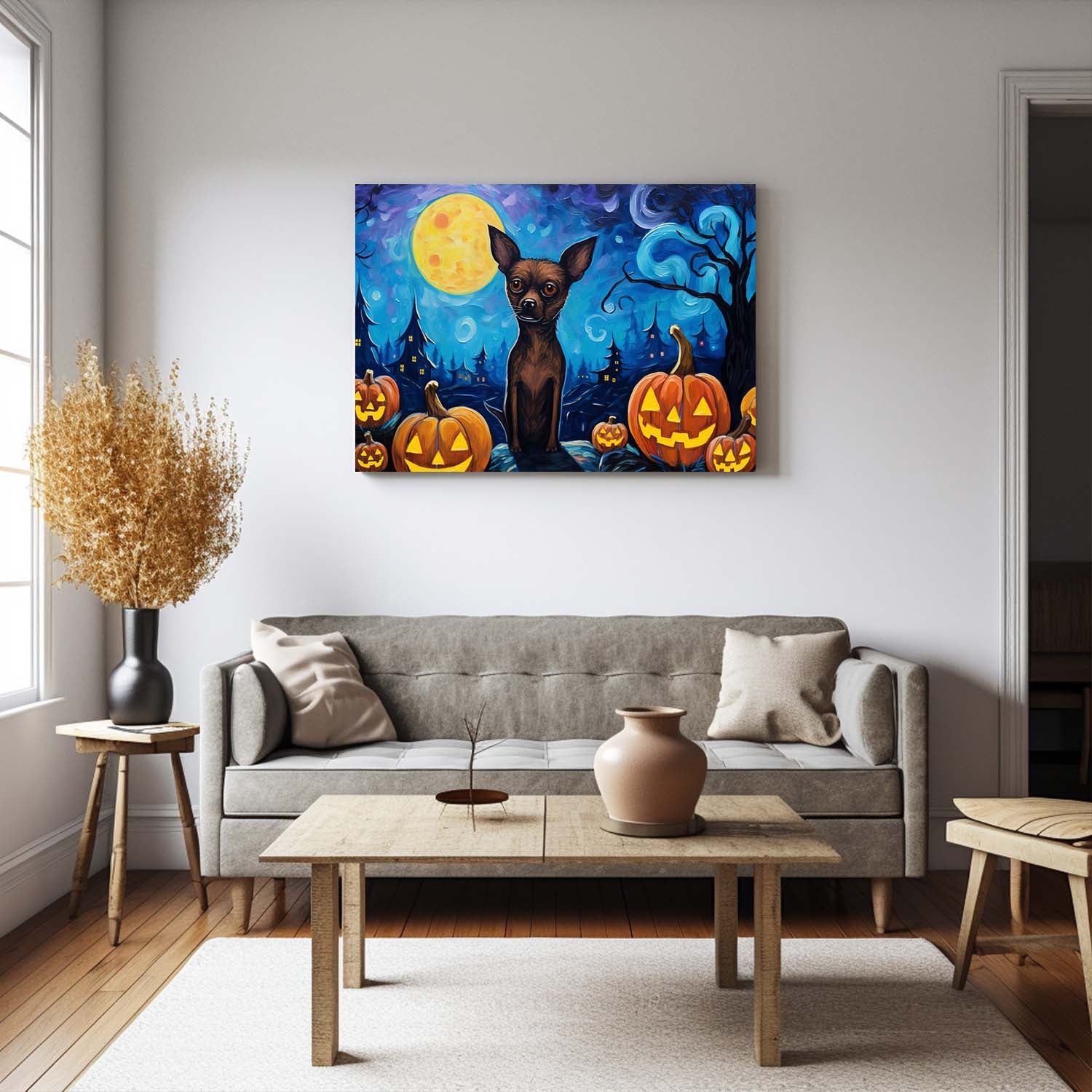 Miniature Pinschers Dog 01 Halloween With Pumpkin Oil Painting Van Goh Style, Wooden Canvas Prints Wall Art Painting , Canvas 3d Art