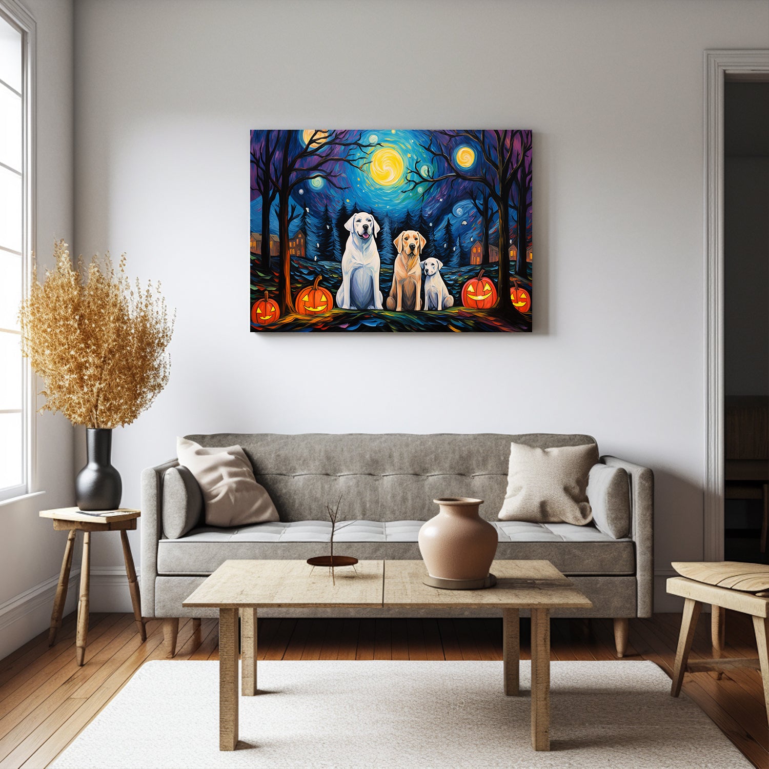 Labrador Retrievers Dog 02 Halloween With Pumpkin Oil Painting Van Goh Style, Wooden Canvas Prints Wall Art Painting , Canvas 3d Art