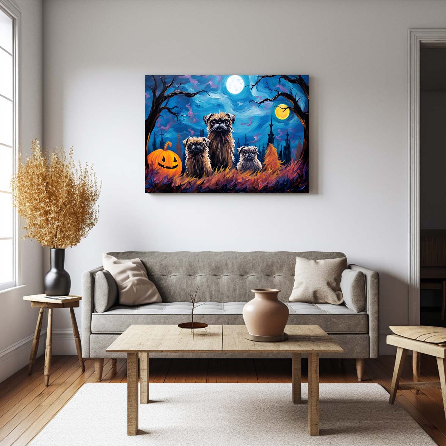 Brussels Griffons Dog 02 Halloween With Pumpkin Oil Painting Van Goh Style, Wooden Canvas Prints Wall Art Painting , Canvas 3d Art