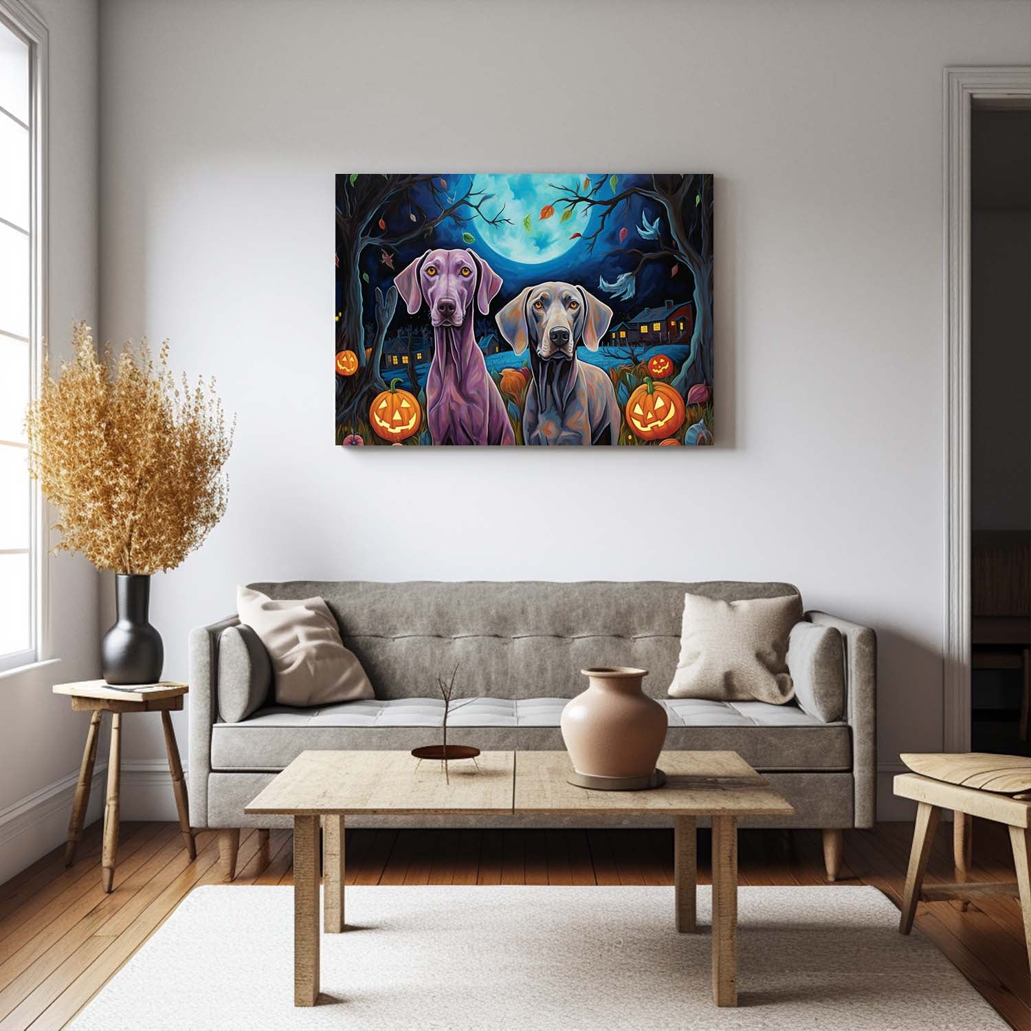 Weimaraner Dog Halloween With Pumpkin Oil Painting Van Goh Style, Wooden Canvas Prints Wall Art Painting , Canvas 3d Art