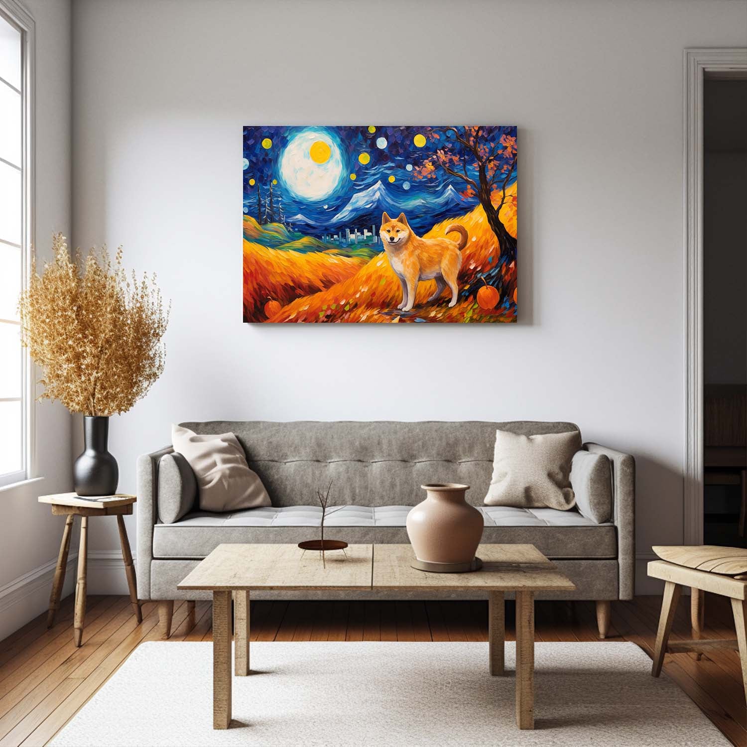 Shiba Inu Dog Halloween With Pumpkin Oil Painting Van Goh Style, Wooden Canvas Prints Wall Art Painting , Canvas 3d Art