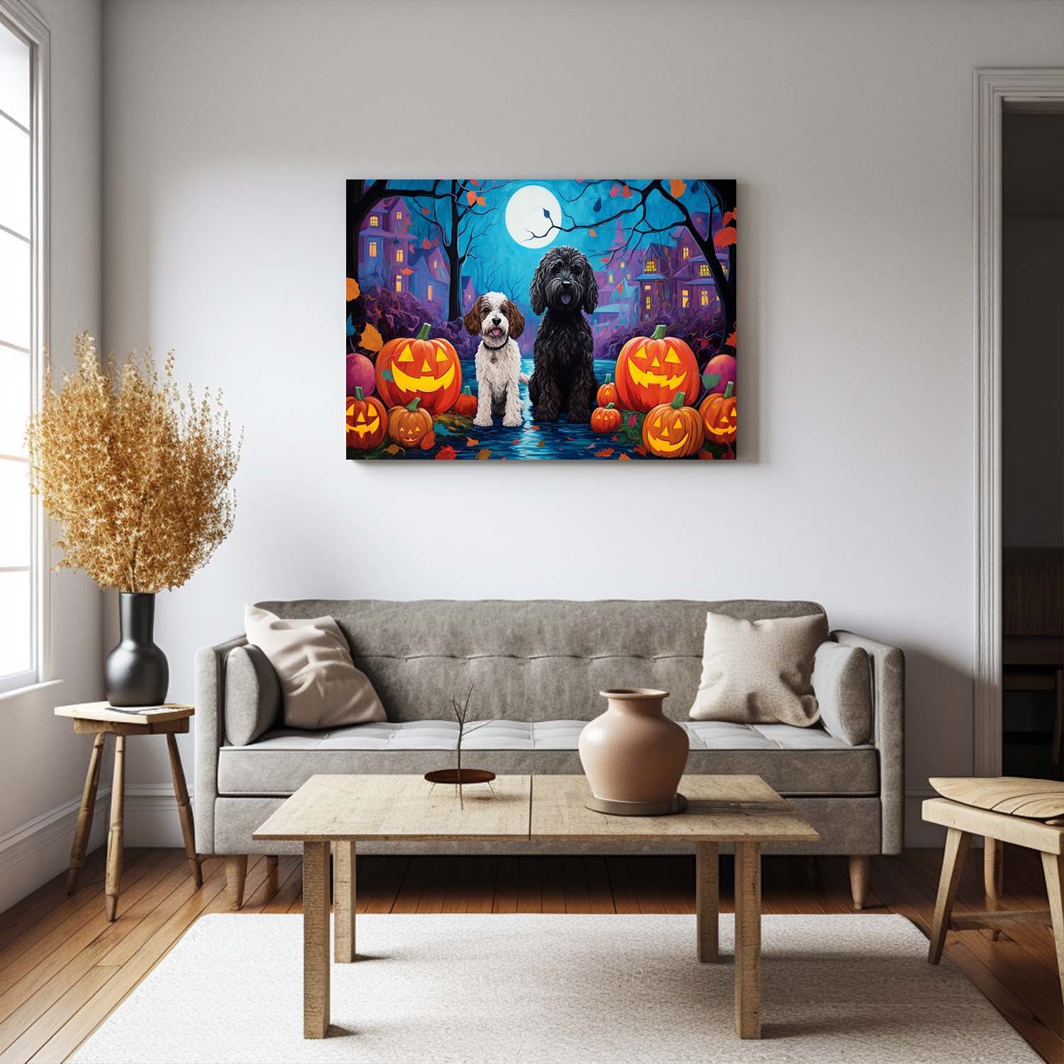Portuguese Water Dog Halloween With Pumpkin Oil Painting Van Goh Style, Wooden Canvas Prints Wall Art Painting , Canvas 3d Art