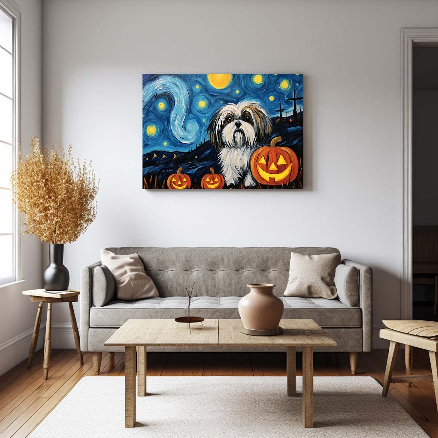 Shih Tzu Dog 01 Halloween With Pumpkin Oil Painting Van Goh Style, Wooden Canvas Prints Wall Art Painting , Canvas 3d Art