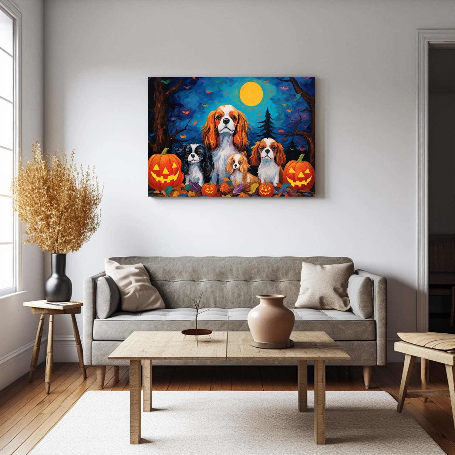 Cavalier King Charles Spaniels Dog 02 Halloween With Pumpkin Oil Painting Van Goh Style, Wooden Canvas Prints Wall Art Painting , Canvas 3d Art