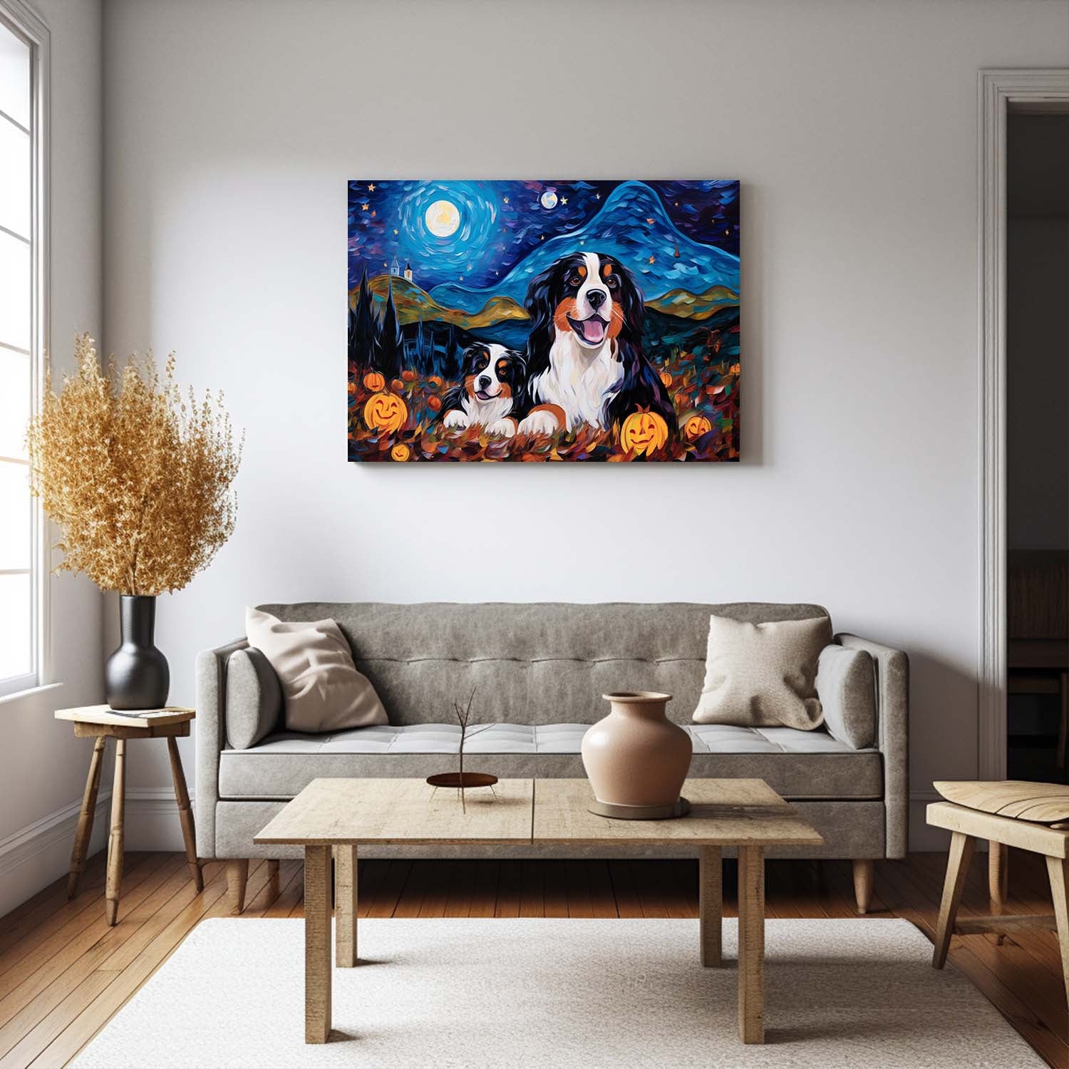 Bernese Mountain Dog 04 Halloween With Pumpkin Oil Painting Van Goh Style, Wooden Canvas Prints Wall Art Painting , Canvas 3d Art