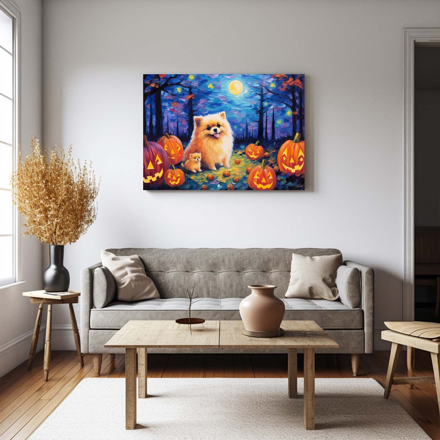 Pomeranians Dog 02 Halloween With Pumpkin Oil Painting Van Goh Style, Wooden Canvas Prints Wall Art Painting , Canvas 3d Art