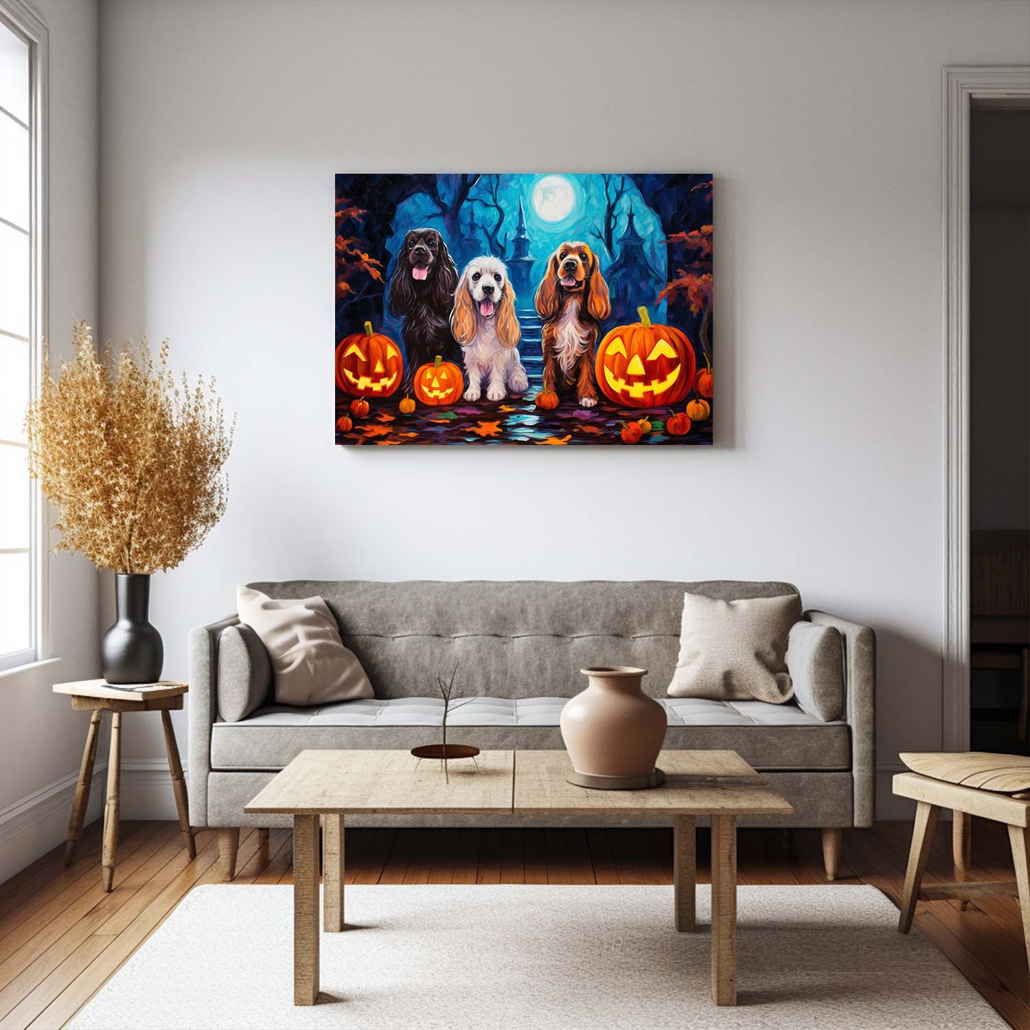 Cocker Spaniels Dog 01 Halloween With Pumpkin Oil Painting Van Goh Style, Wooden Canvas Prints Wall Art Painting , Canvas 3d Art