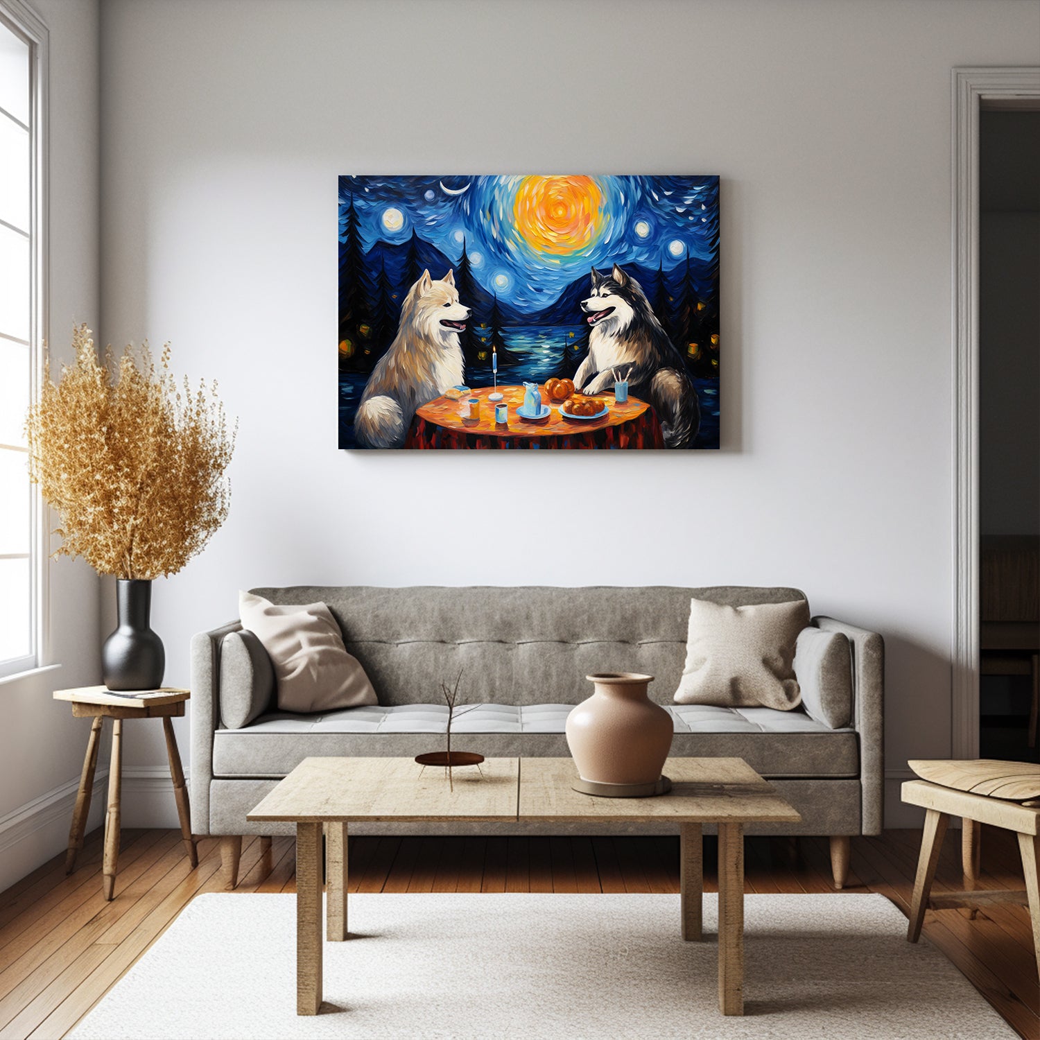 Alaskan Malamutes Dog Halloween With Pumpkin Oil Painting Van Goh Style, Wooden Canvas Prints Wall Art Painting , Canvas 3d Art