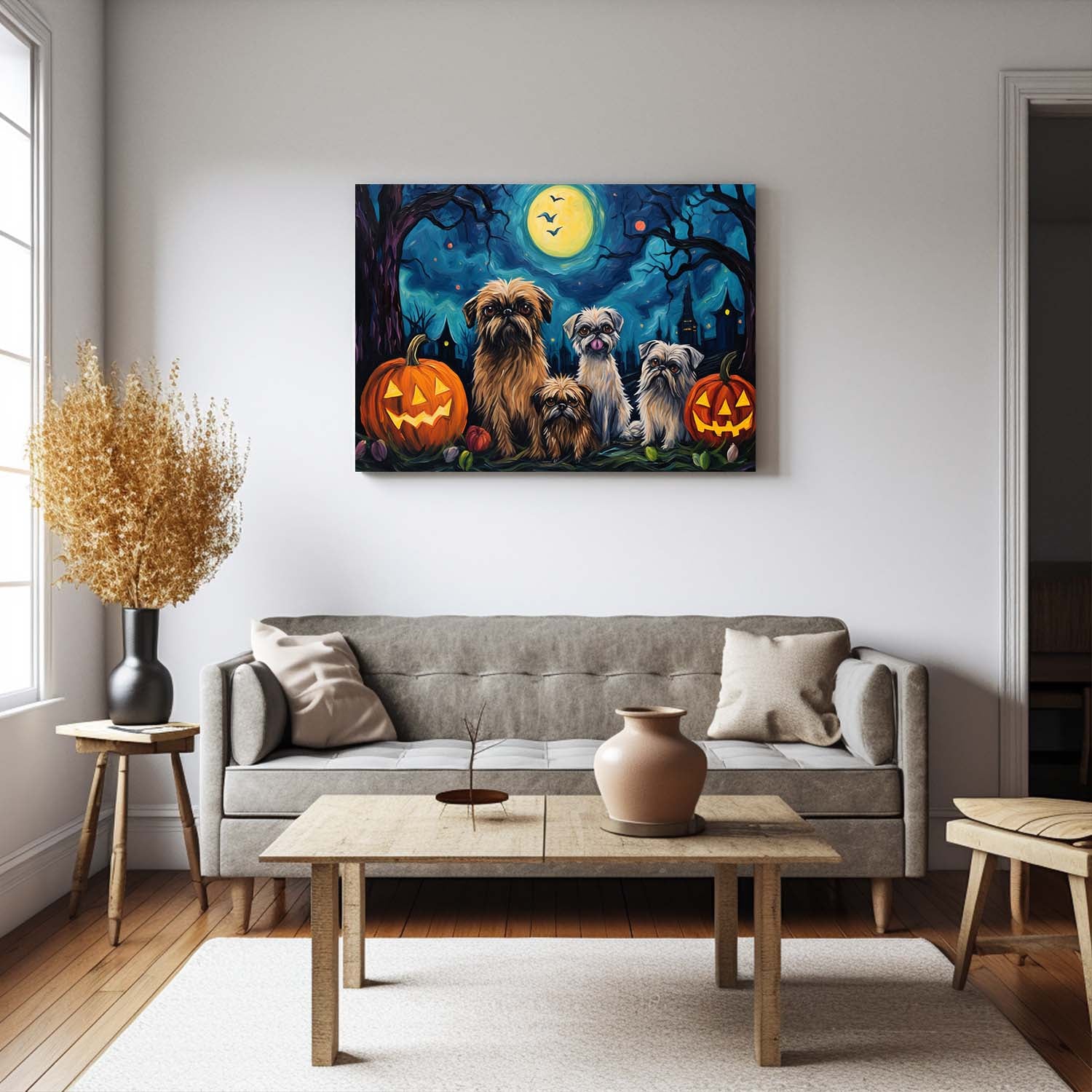 Brussels Griffons Dog 02 Halloween With Pumpkin Oil Painting Van Goh Style, Wooden Canvas Prints Wall Art Painting , Canvas 3d Art