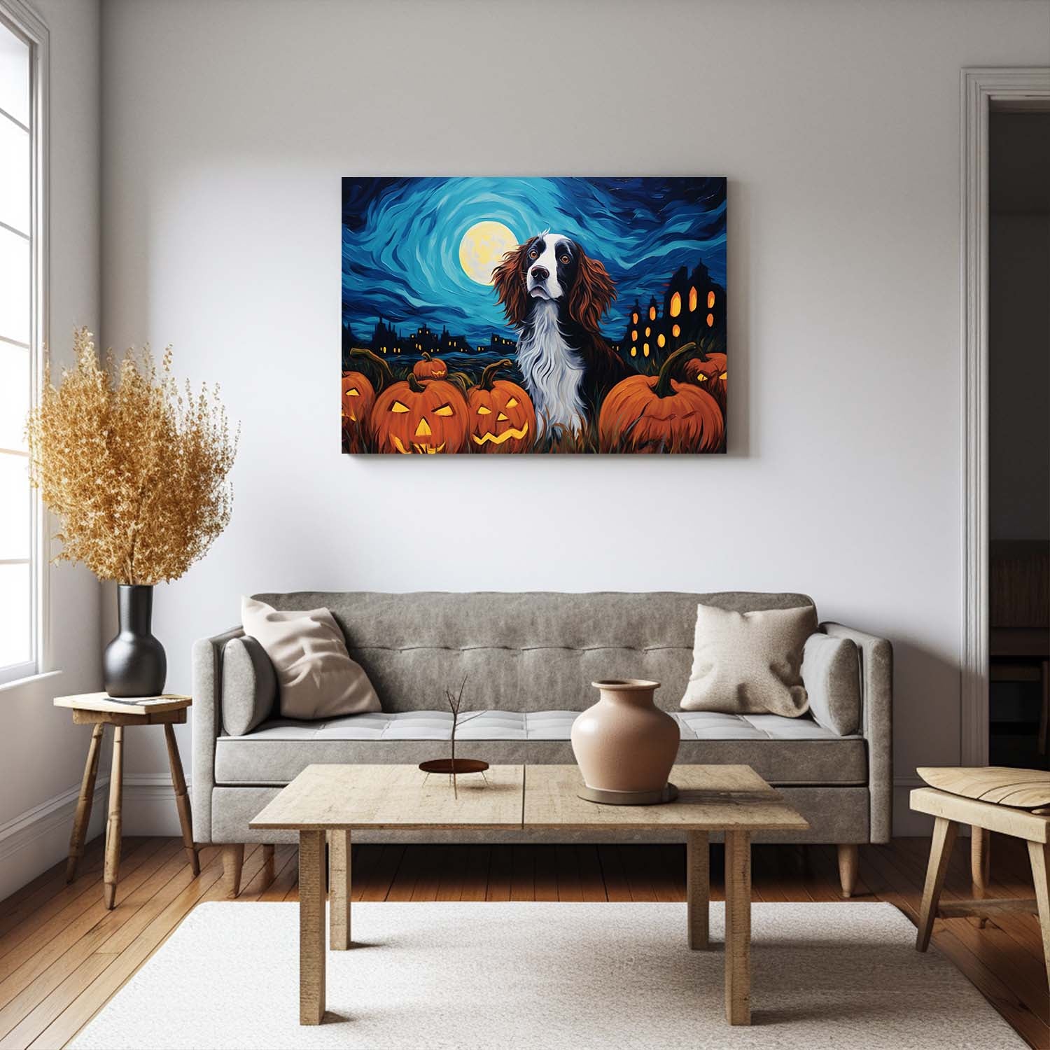 Irish Setters Dog 01 Halloween With Pumpkin Oil Painting Van Goh Style, Wooden Canvas Prints Wall Art Painting , Canvas 3d Art