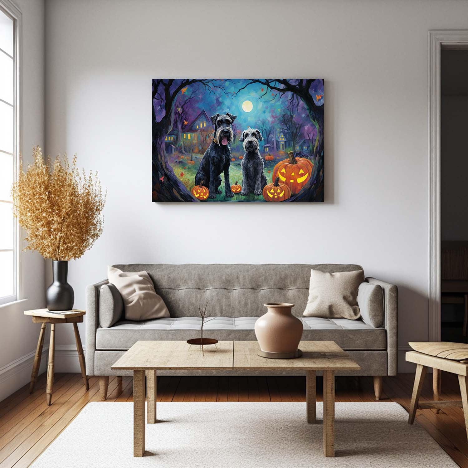 Schnauzers Dog Halloween With Pumpkin Oil Painting Van Goh Style, Wooden Canvas Prints Wall Art Painting , Canvas 3d Art