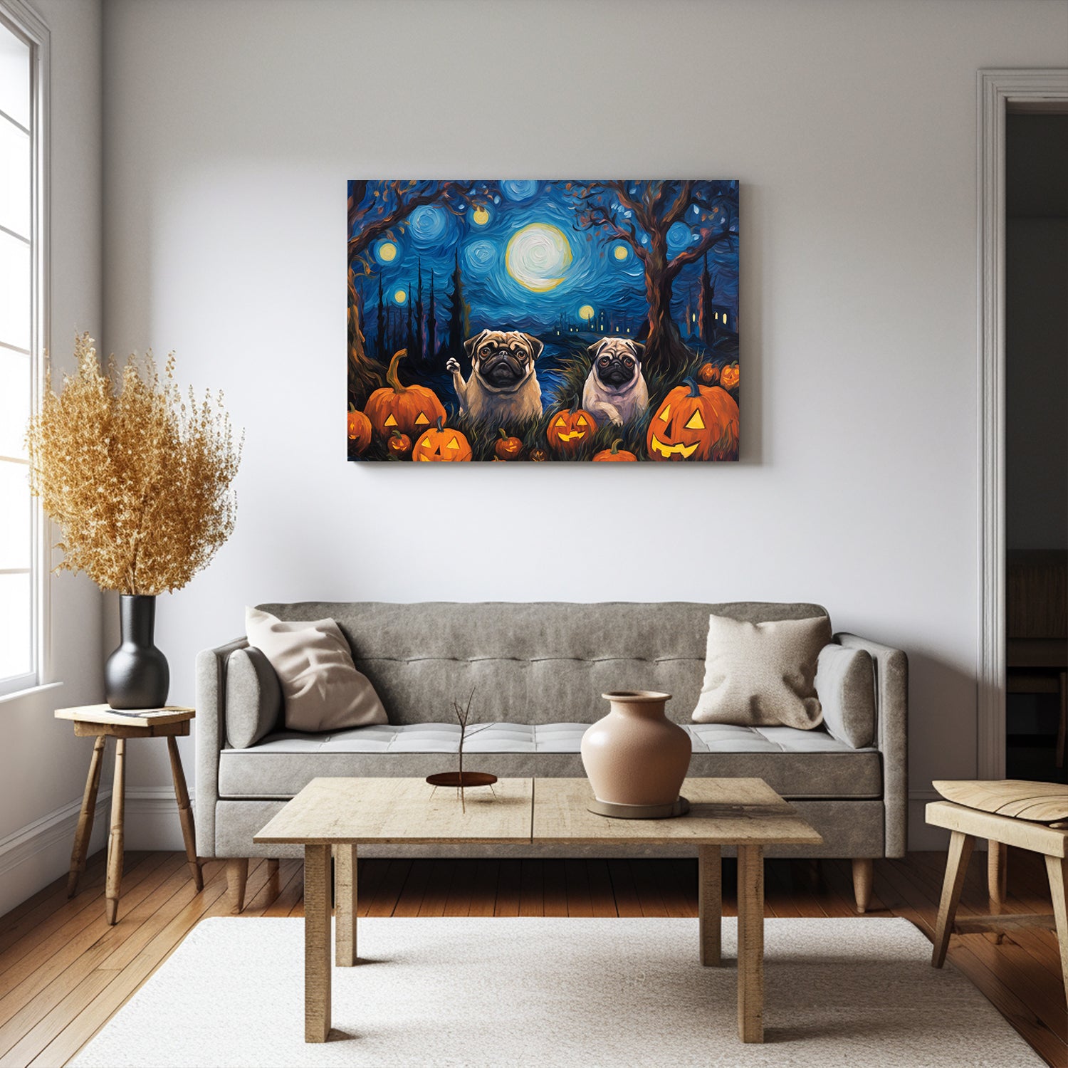 Pug Dog Halloween With Pumpkin Oil Painting Van Goh Style, Wooden Canvas Prints Wall Art Painting , Canvas 3d Art