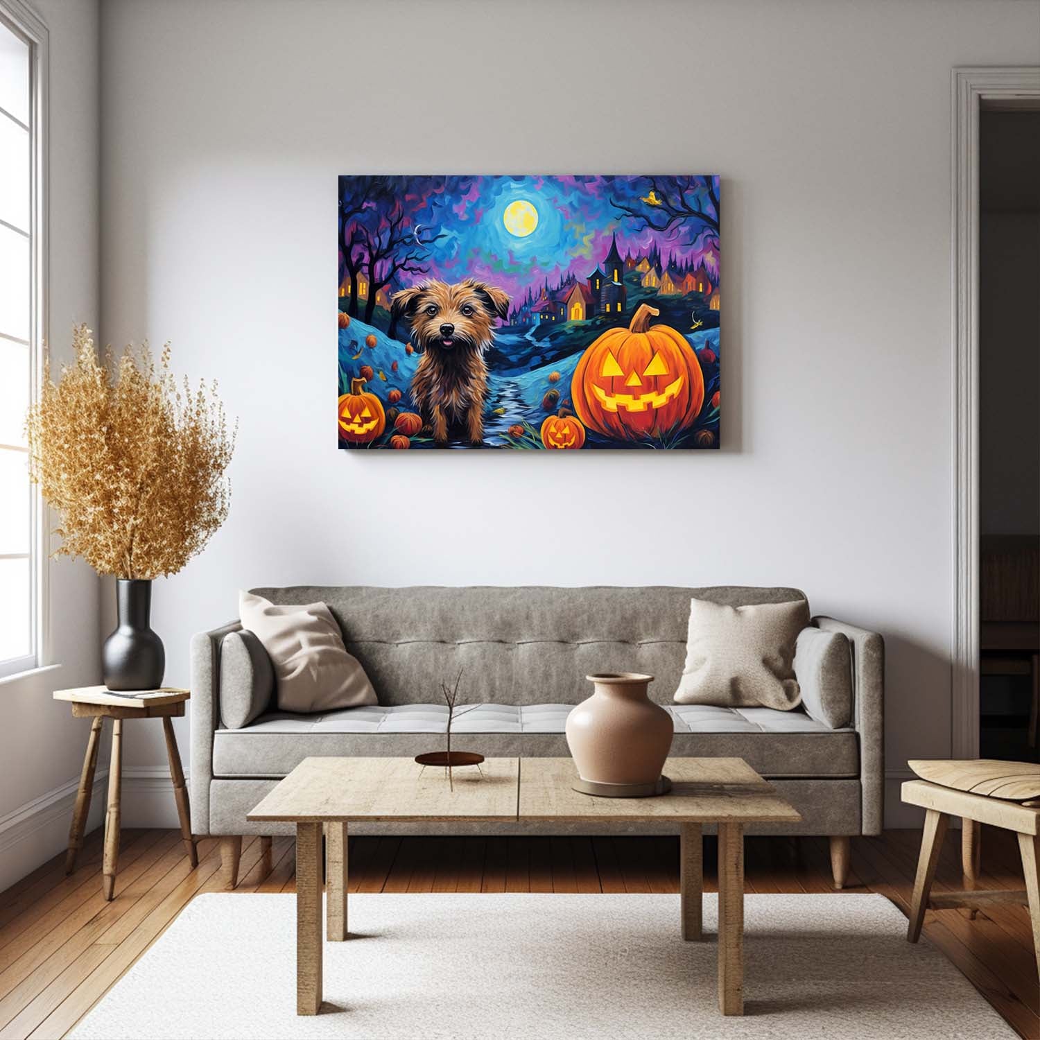 Chinese Cresteds Dog Halloween With Pumpkin Oil Painting Van Goh Style, Wooden Canvas Prints Wall Art Painting , Canvas 3d Art