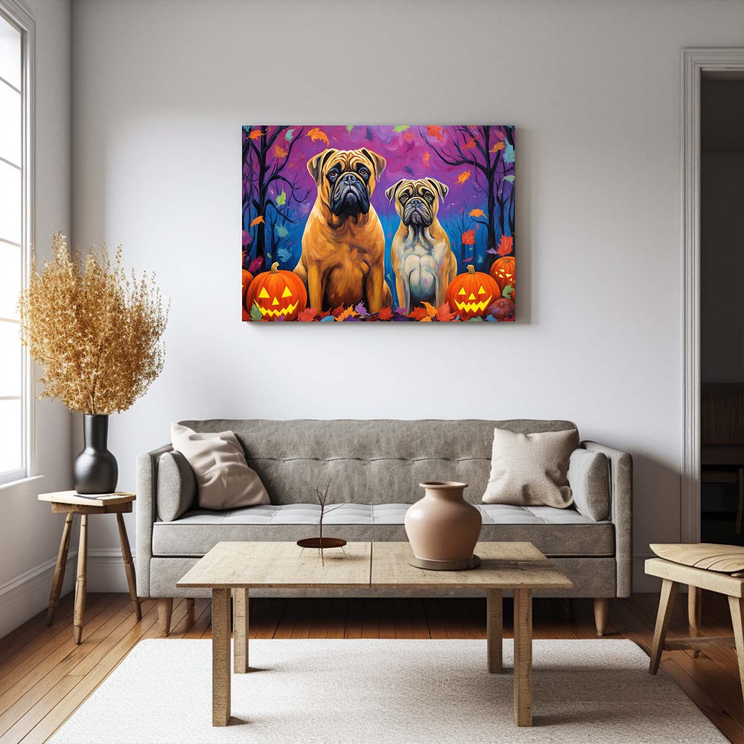Bullmastiffs Dog 02 Halloween With Pumpkin Oil Painting Van Goh Style, Wooden Canvas Prints Wall Art Painting , Canvas 3d Art