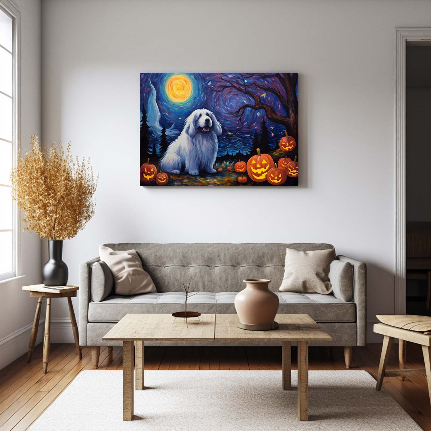 Newfoundland Dog Halloween With Pumpkin Oil Painting Van Goh Style, Wooden Canvas Prints Wall Art Painting , Canvas 3d Art
